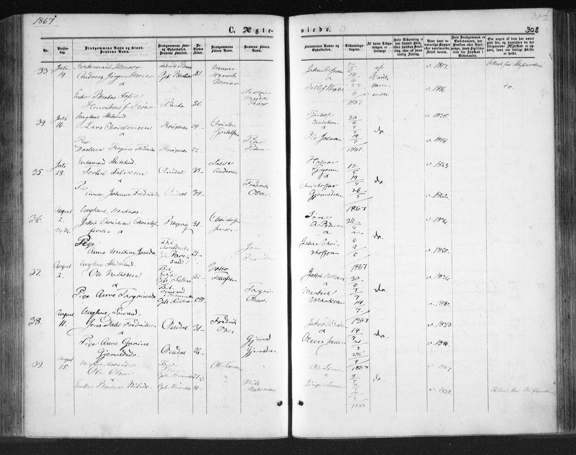 Tromøy sokneprestkontor, SAK/1111-0041/F/Fa/L0007: Parish register (official) no. A 7, 1864-1869, p. 302