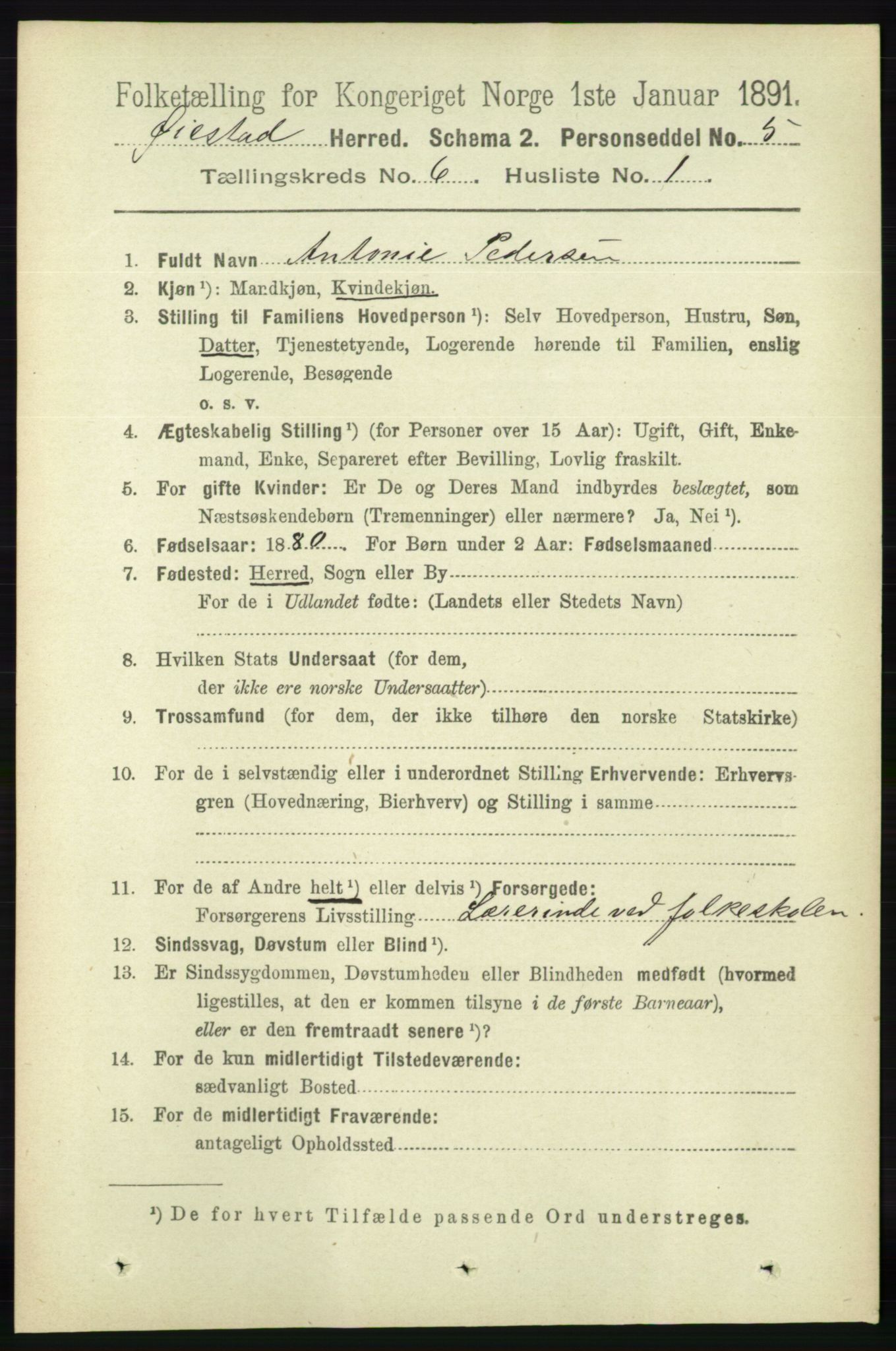 RA, 1891 census for 0920 Øyestad, 1891, p. 2135