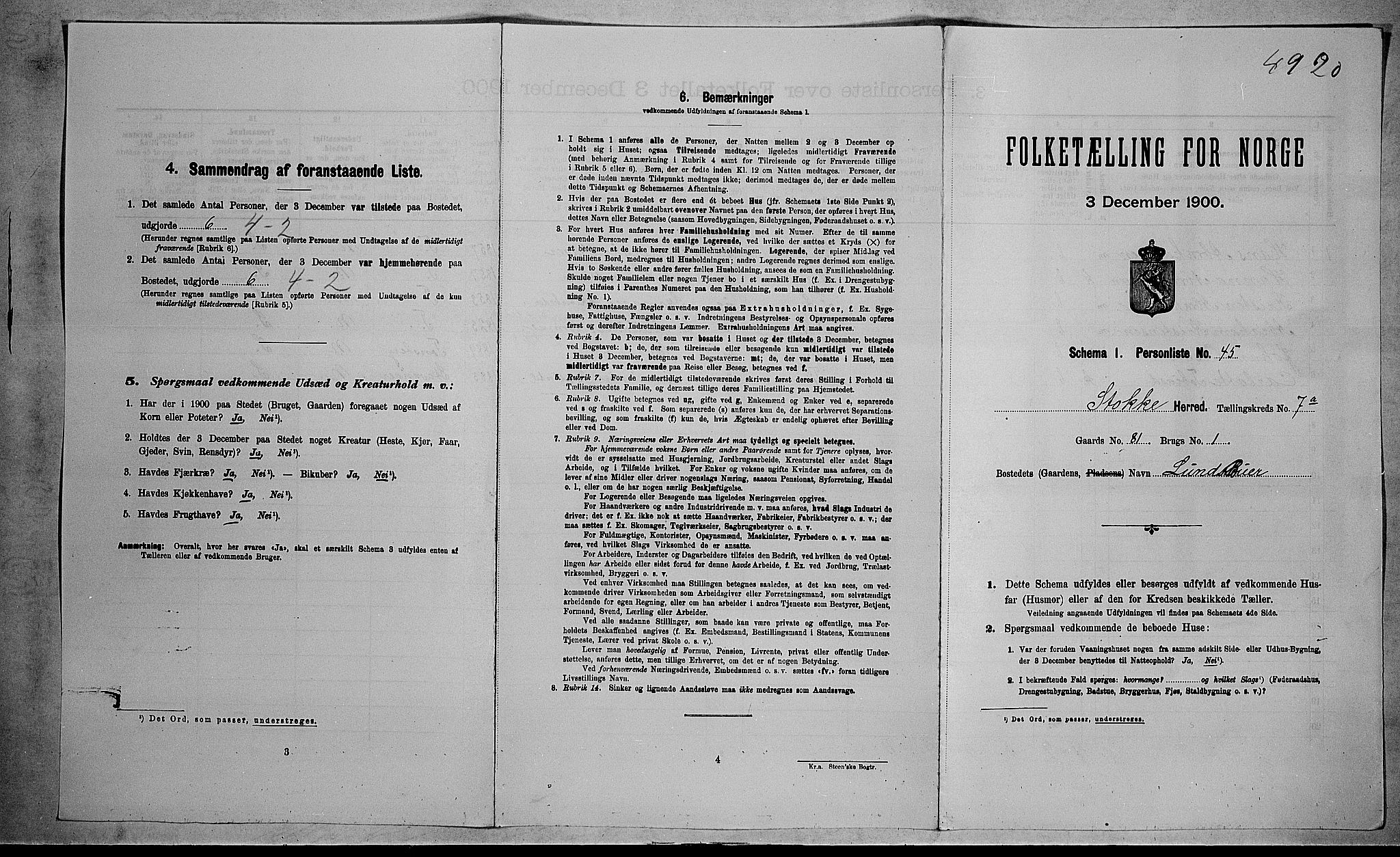 RA, 1900 census for Stokke, 1900, p. 1258