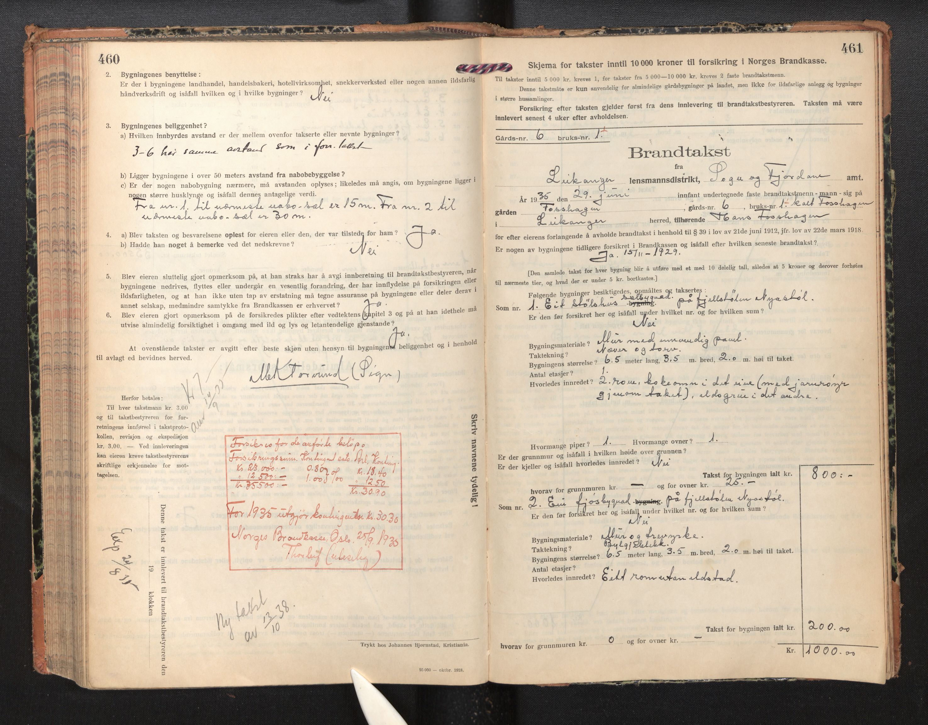 Lensmannen i Leikanger, AV/SAB-A-29201/0012/L0007: Branntakstprotokoll, skjematakst, 1926-1936, p. 460-461