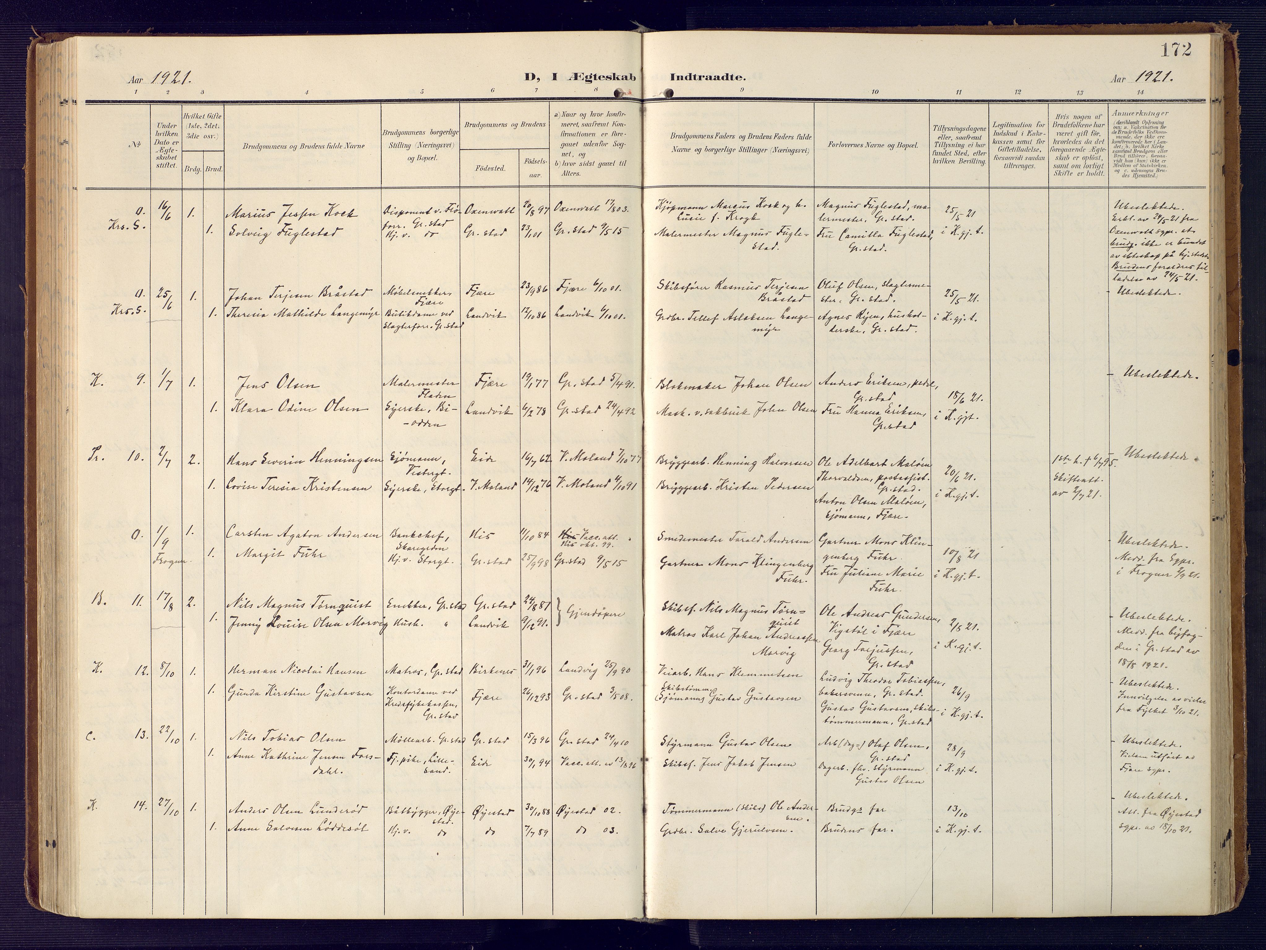 Grimstad sokneprestkontor, AV/SAK-1111-0017/F/Fa/L0005: Parish register (official) no. A 4, 1911-1924, p. 172