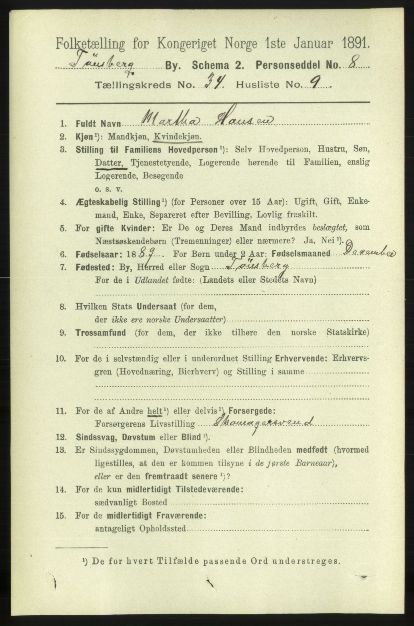 RA, 1891 census for 0705 Tønsberg, 1891, p. 7764