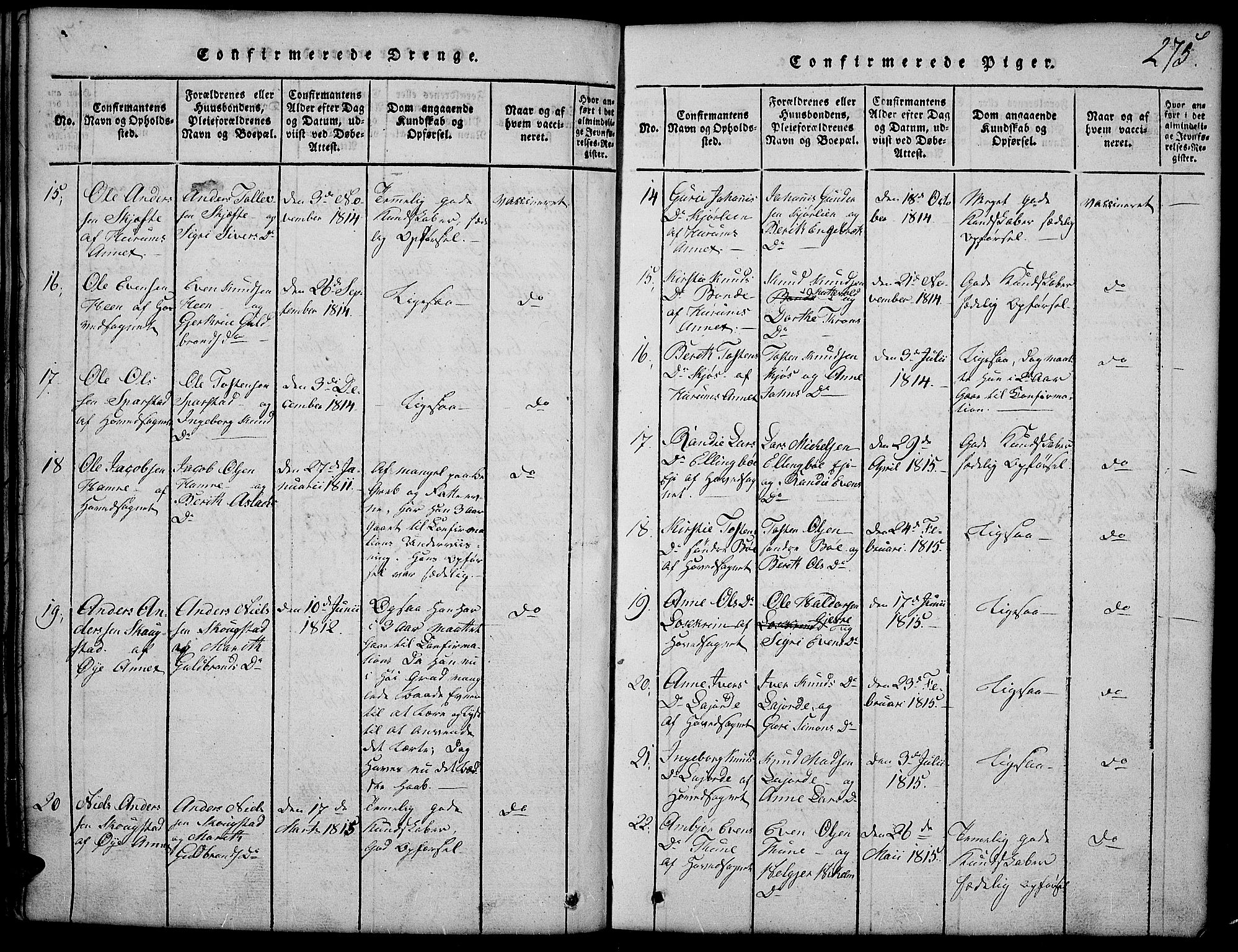 Vang prestekontor, Valdres, AV/SAH-PREST-140/H/Hb/L0002: Parish register (copy) no. 2, 1814-1889, p. 275