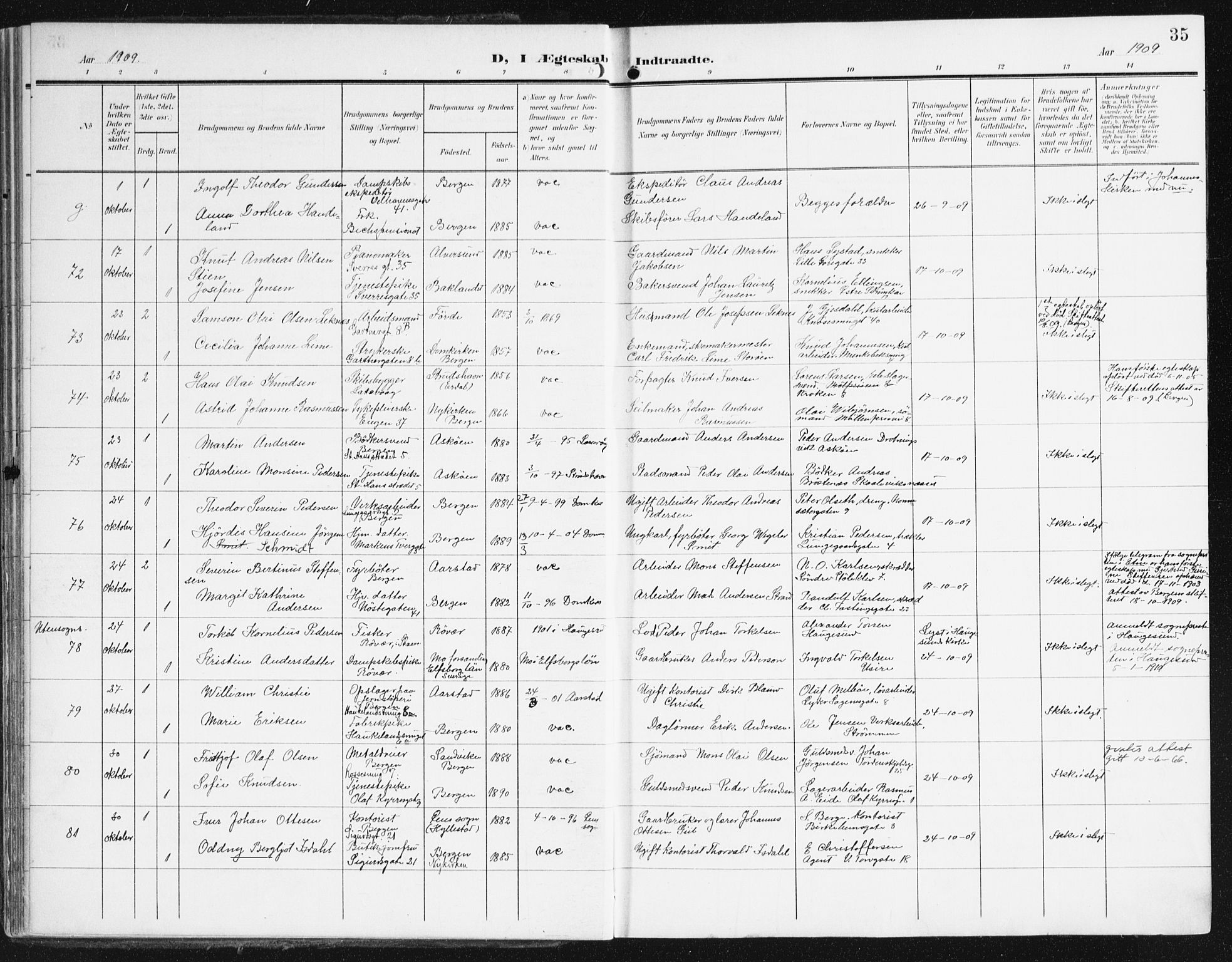 Domkirken sokneprestembete, AV/SAB-A-74801/H/Haa/L0038: Parish register (official) no. D 5, 1906-1921, p. 35