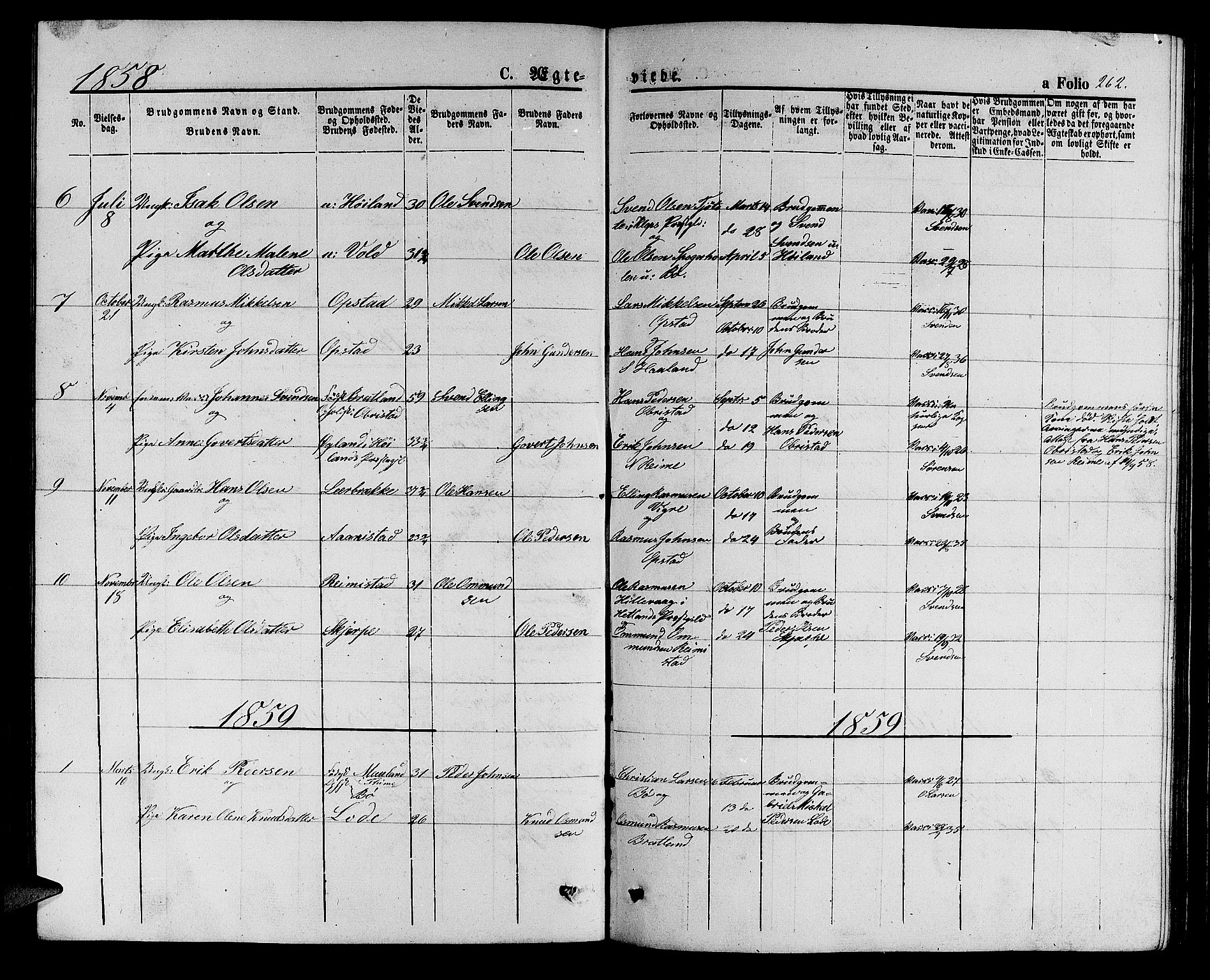 Hå sokneprestkontor, AV/SAST-A-101801/001/30BB/L0001: Parish register (copy) no. B 1, 1854-1883, p. 262