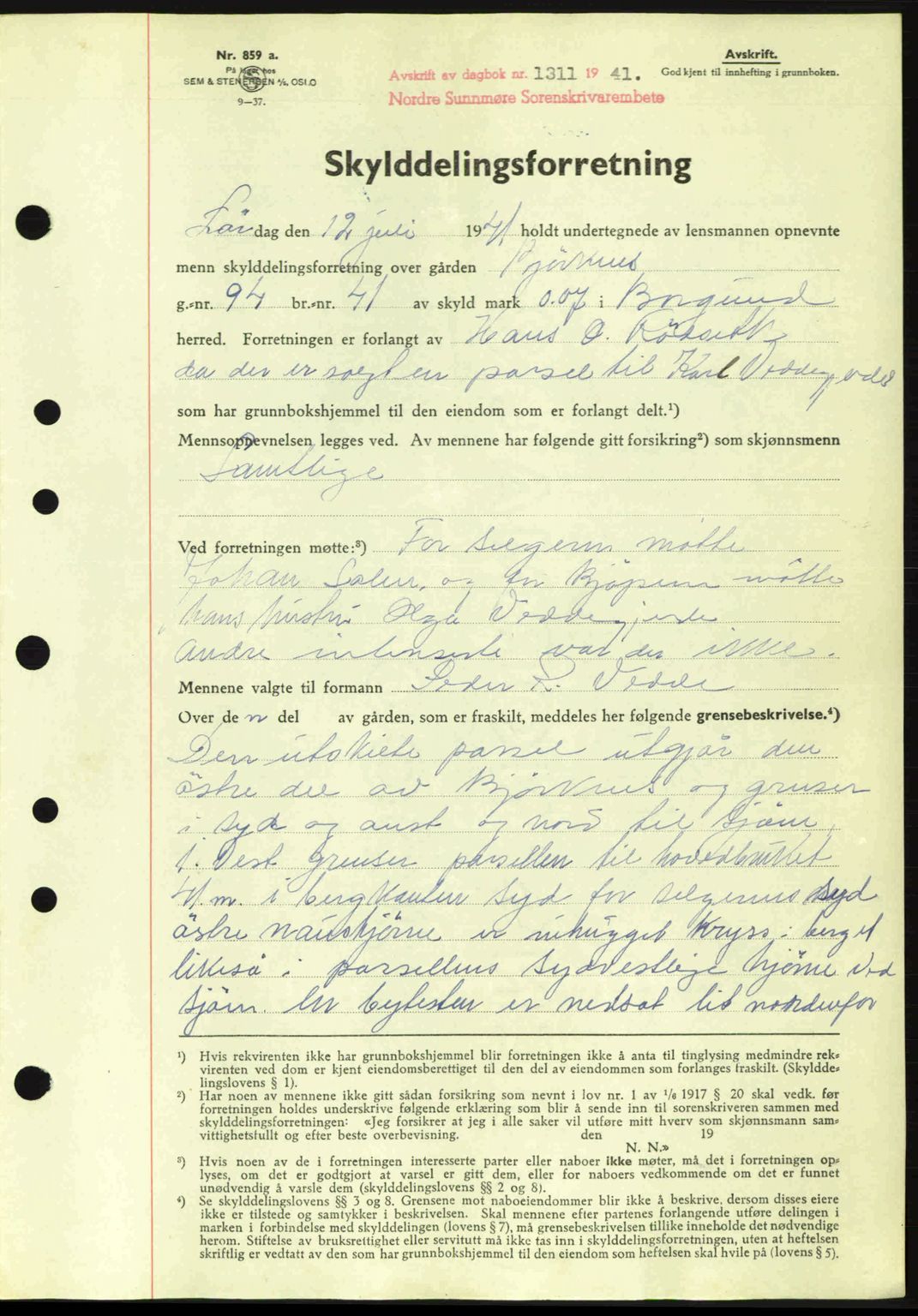 Nordre Sunnmøre sorenskriveri, SAT/A-0006/1/2/2C/2Ca: Mortgage book no. A11, 1941-1941, Diary no: : 1311/1941