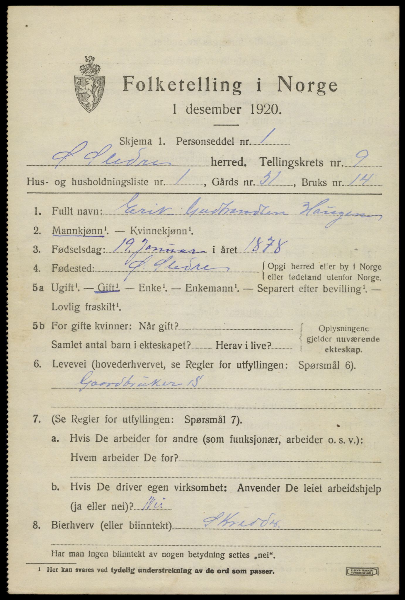 SAH, 1920 census for Øystre Slidre, 1920, p. 5881