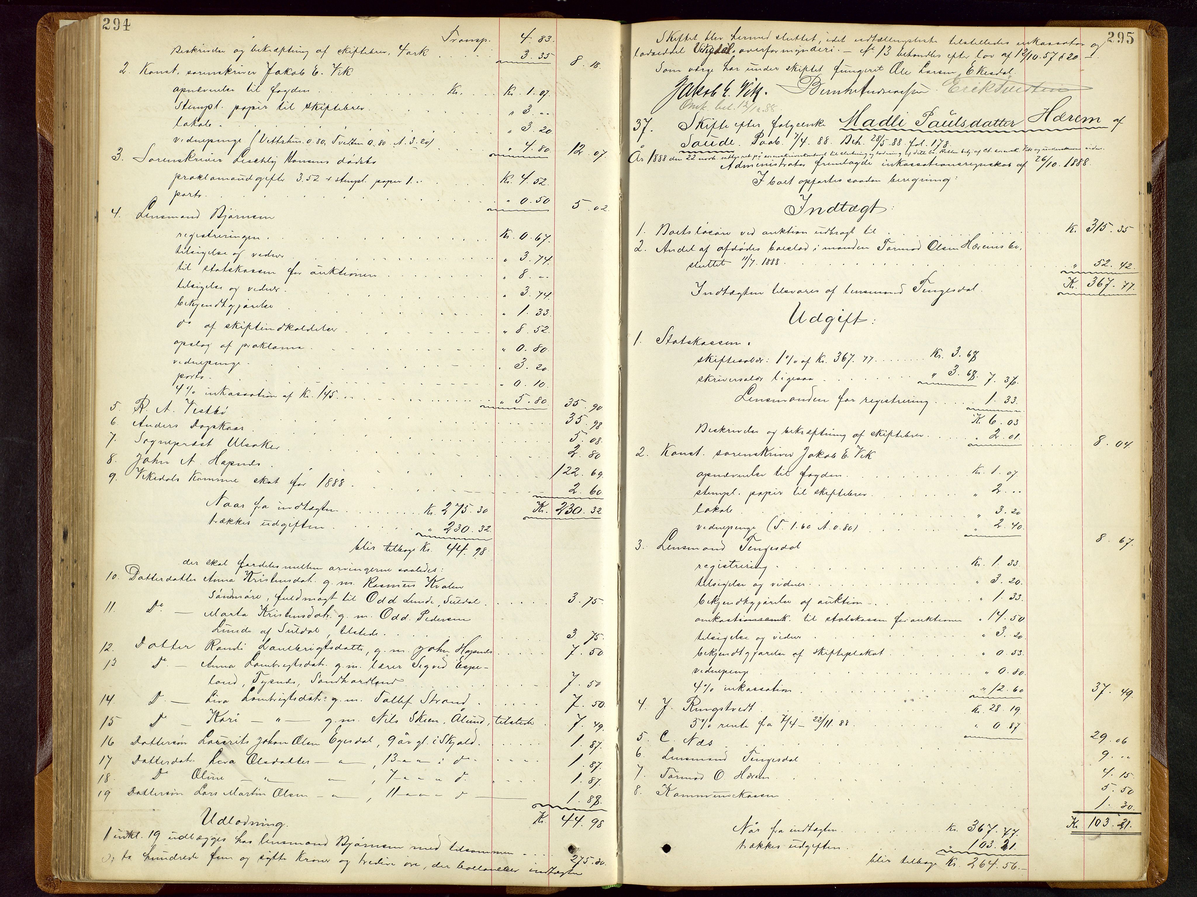 Ryfylke tingrett, SAST/A-100055/001/IV/IVD/L0028: Skifteprotokoll, register i protokollen, 1885-1893, p. 294-295