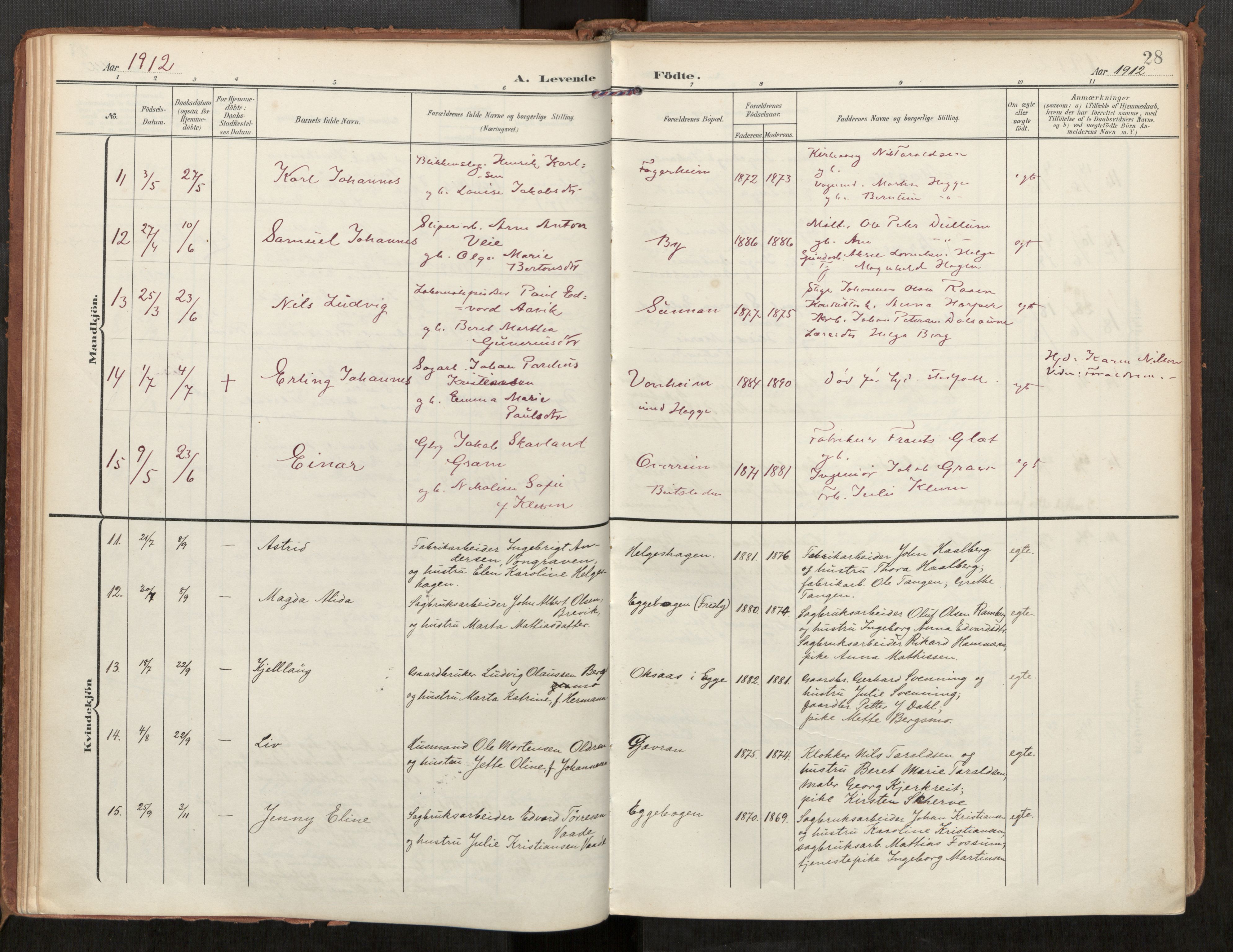 Steinkjer sokneprestkontor, AV/SAT-A-1541/01/H/Ha/Haa/L0002: Parish register (official) no. 2, 1907-1917, p. 28