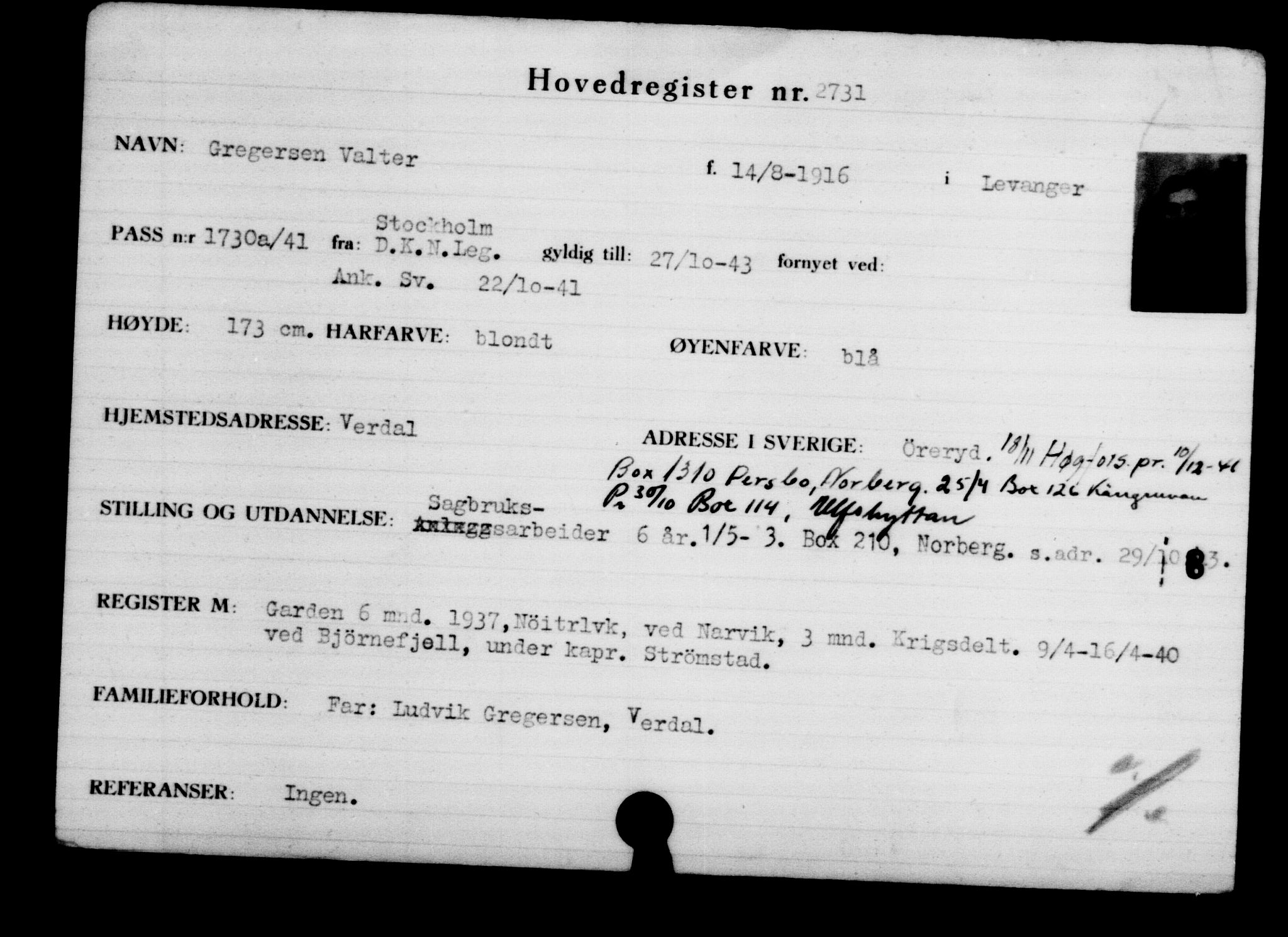 Utenriksstasjonene, Legasjonen i Stockholm, Flyktningkontoret, AV/RA-S-6753/V/Va/L0003: Kjesäterkartoteket, flyktninger med registreringsnr. 2001-3495, 1940-1945, p. 1116