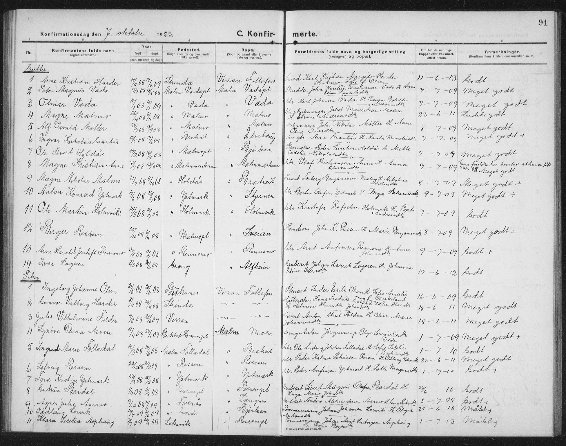 Ministerialprotokoller, klokkerbøker og fødselsregistre - Nord-Trøndelag, SAT/A-1458/745/L0434: Parish register (copy) no. 745C03, 1914-1937, p. 91