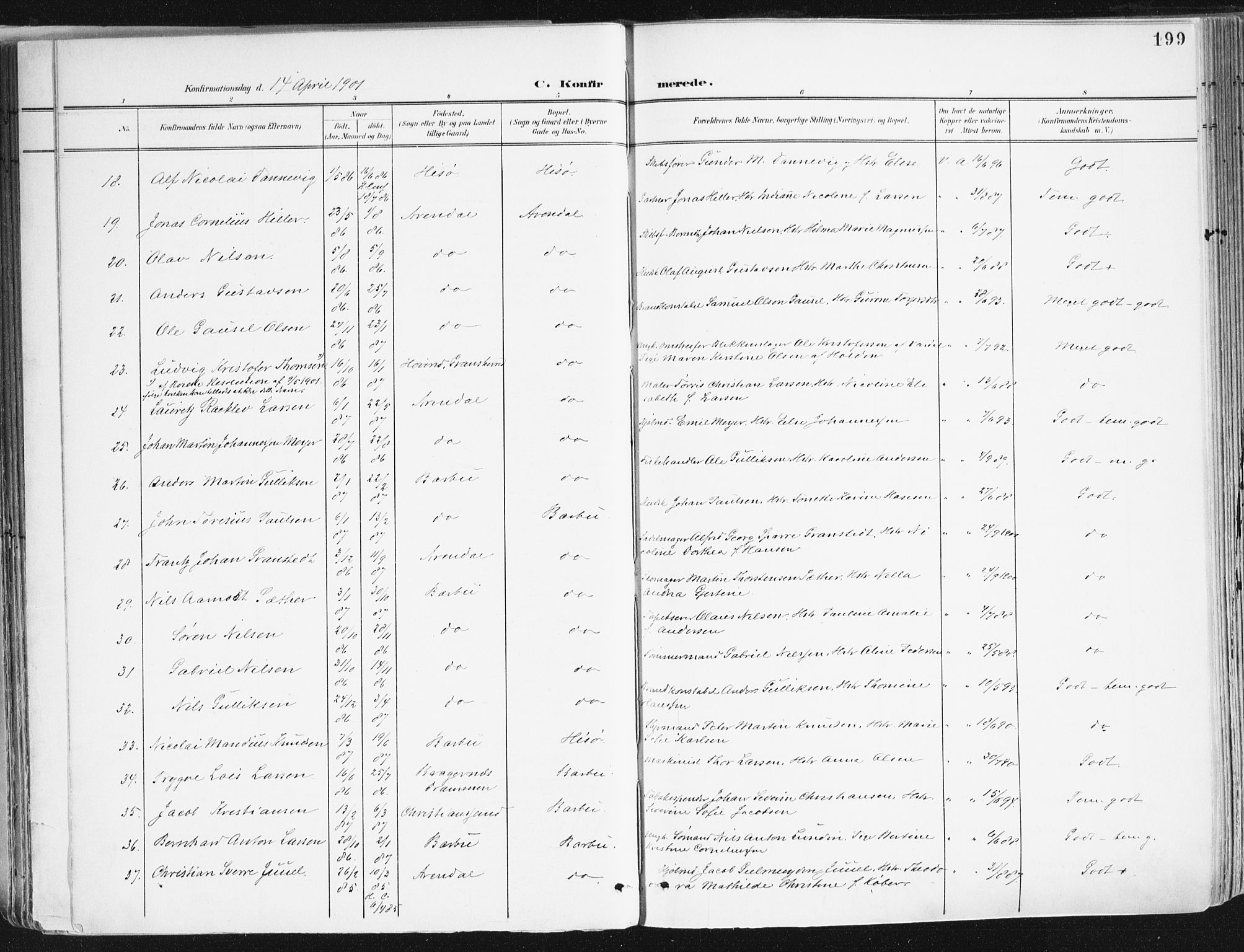 Arendal sokneprestkontor, Trefoldighet, AV/SAK-1111-0040/F/Fa/L0010: Parish register (official) no. A 10, 1900-1919, p. 199