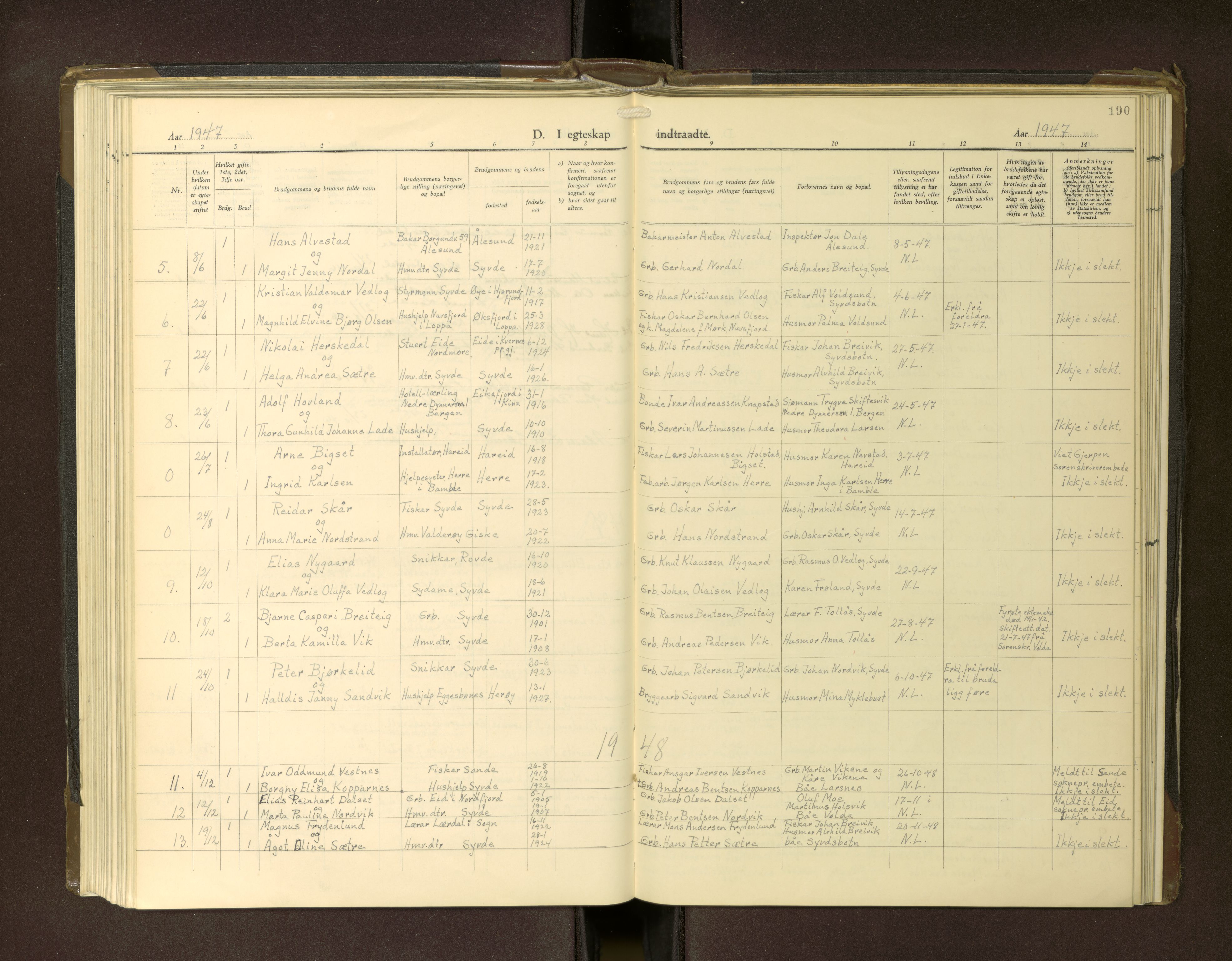 Ministerialprotokoller, klokkerbøker og fødselsregistre - Møre og Romsdal, SAT/A-1454/502/L0029: Parish register (copy) no. 502---, 1932-1968, p. 190