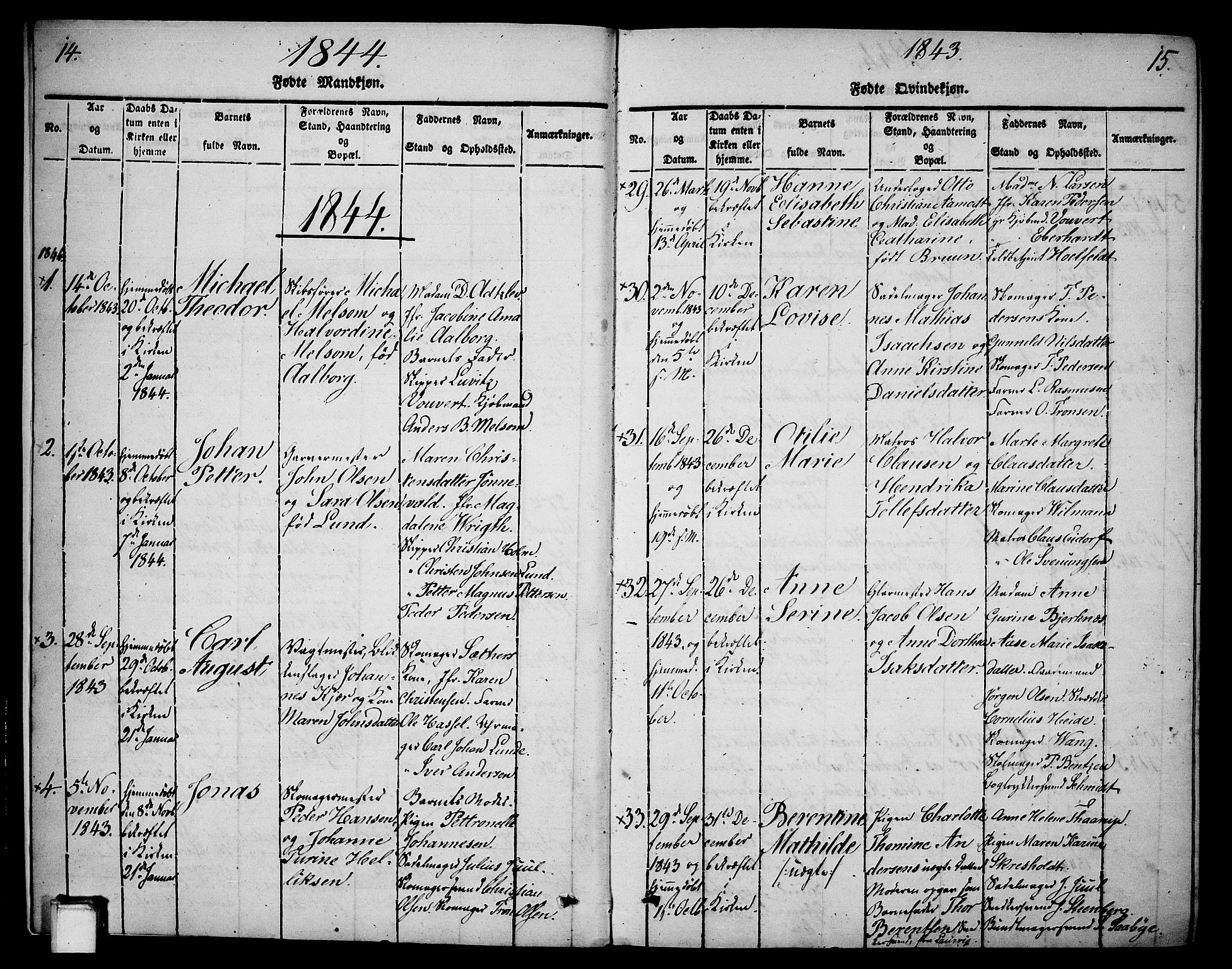 Skien kirkebøker, SAKO/A-302/G/Ga/L0003: Parish register (copy) no. 3, 1843-1847, p. 14-15