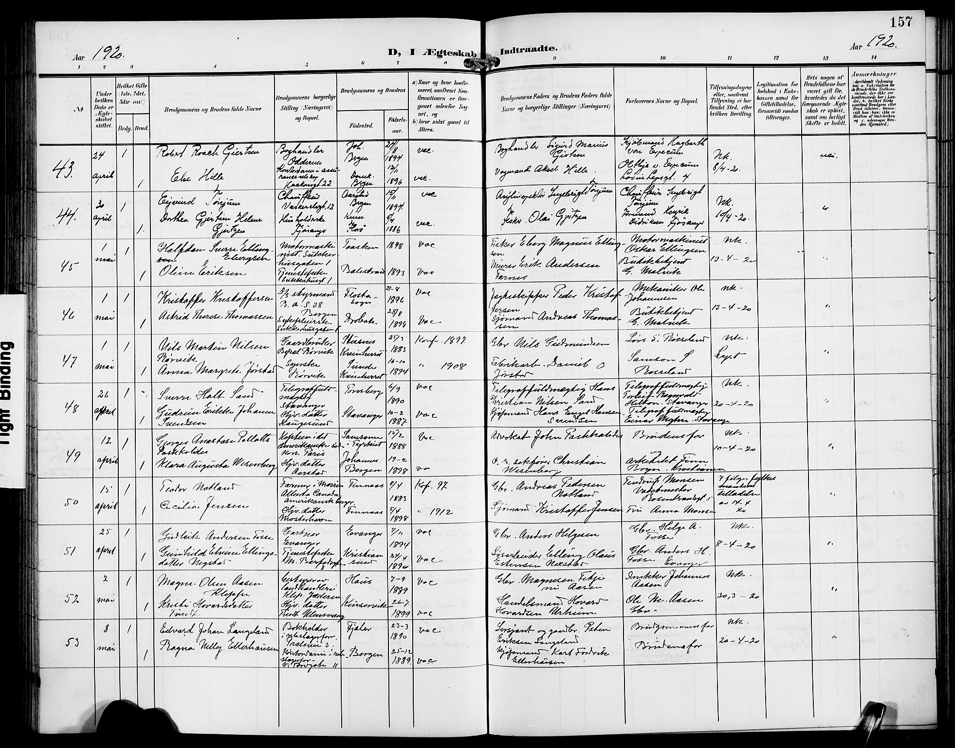 Domkirken sokneprestembete, AV/SAB-A-74801/H/Hab/L0033: Parish register (copy) no. D 5, 1907-1924, p. 157