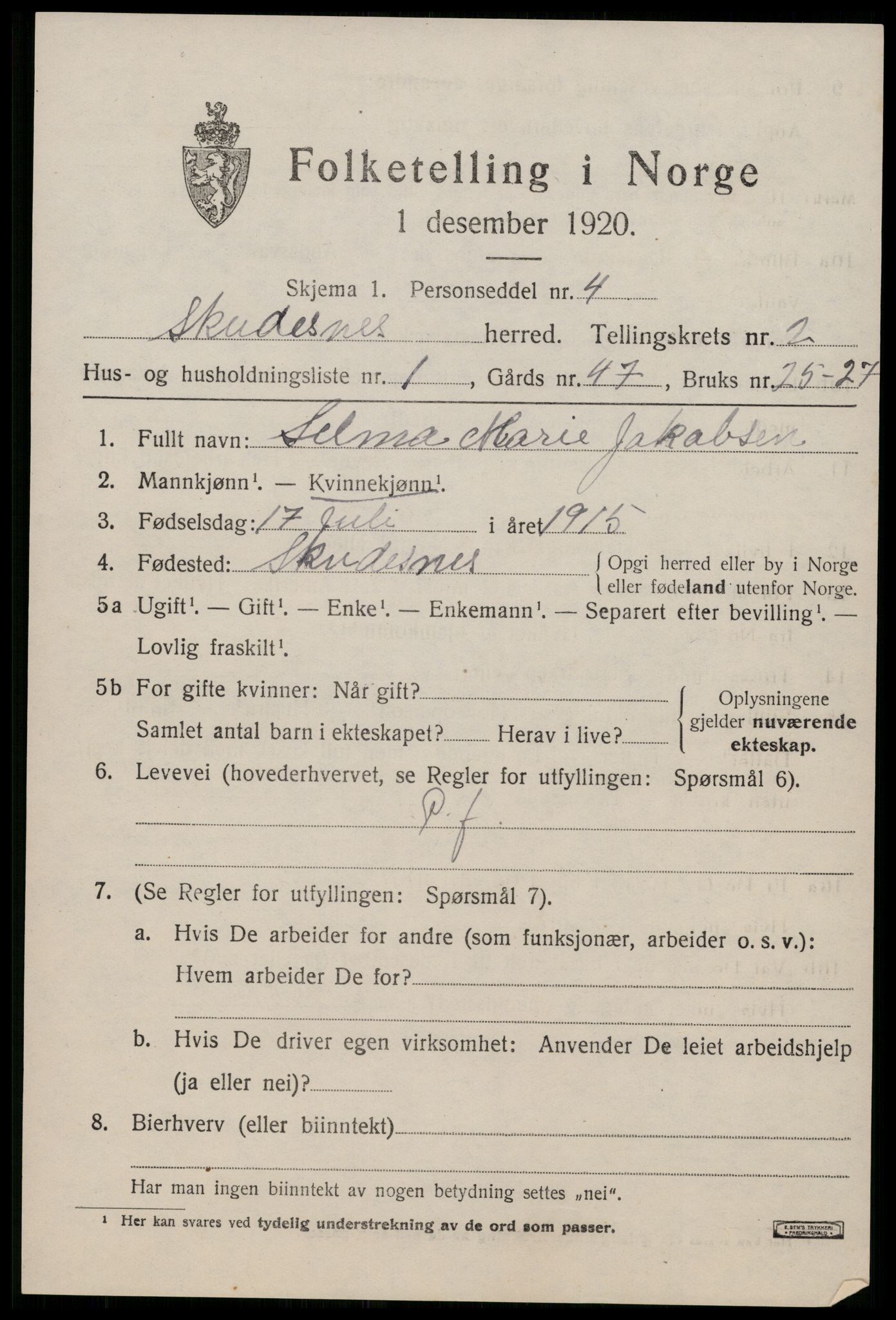 SAST, 1920 census for Skudenes, 1920, p. 1536