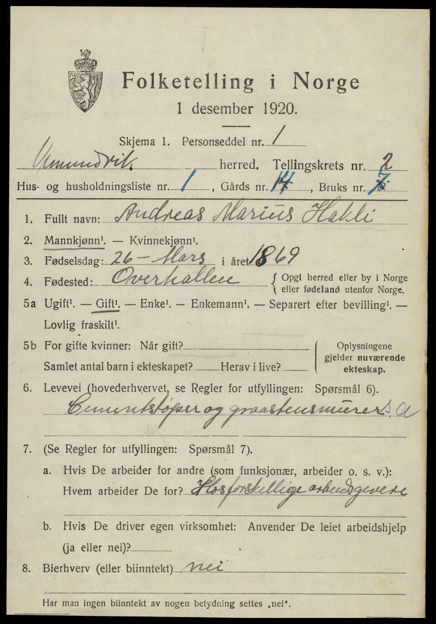 SAT, 1920 census for Vemundvik, 1920, p. 2459