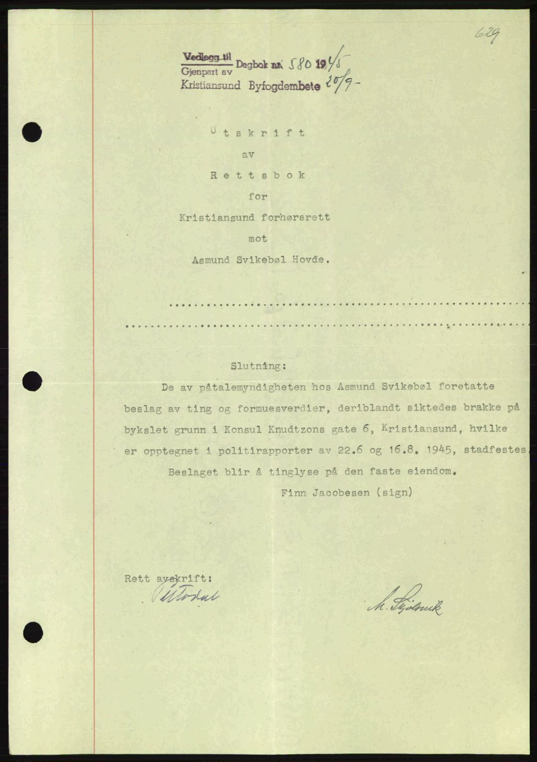Kristiansund byfogd, SAT/A-4587/A/27: Mortgage book no. 37-38, 1943-1945, Diary no: : 580/1945