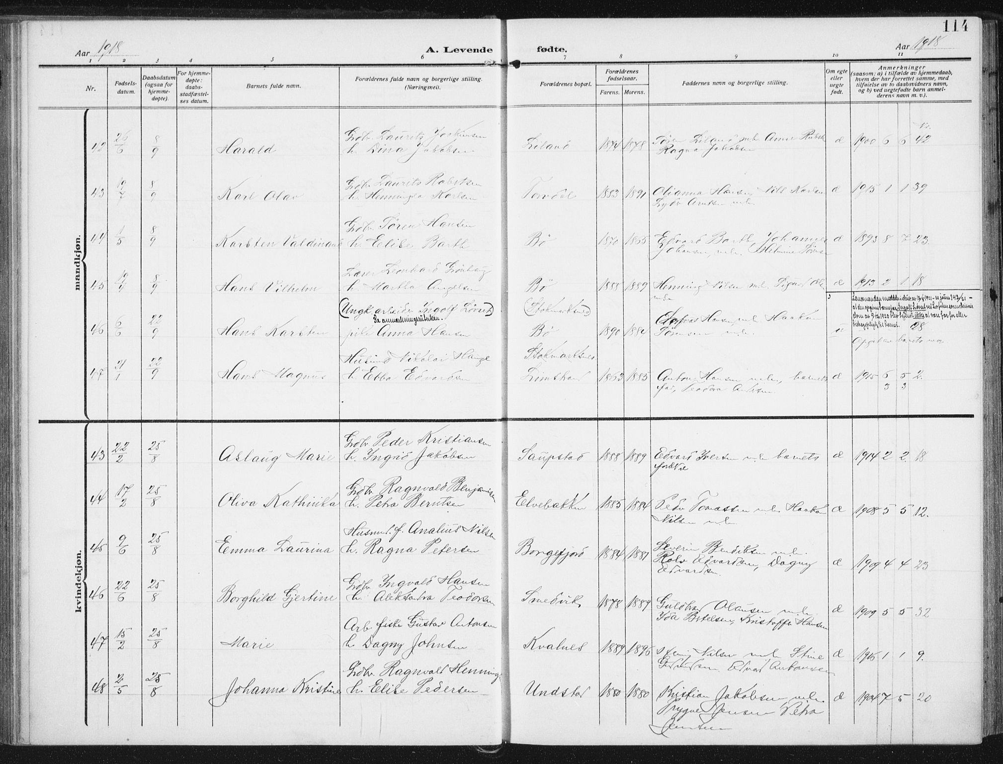 Ministerialprotokoller, klokkerbøker og fødselsregistre - Nordland, SAT/A-1459/880/L1135: Parish register (official) no. 880A09, 1908-1919, p. 114