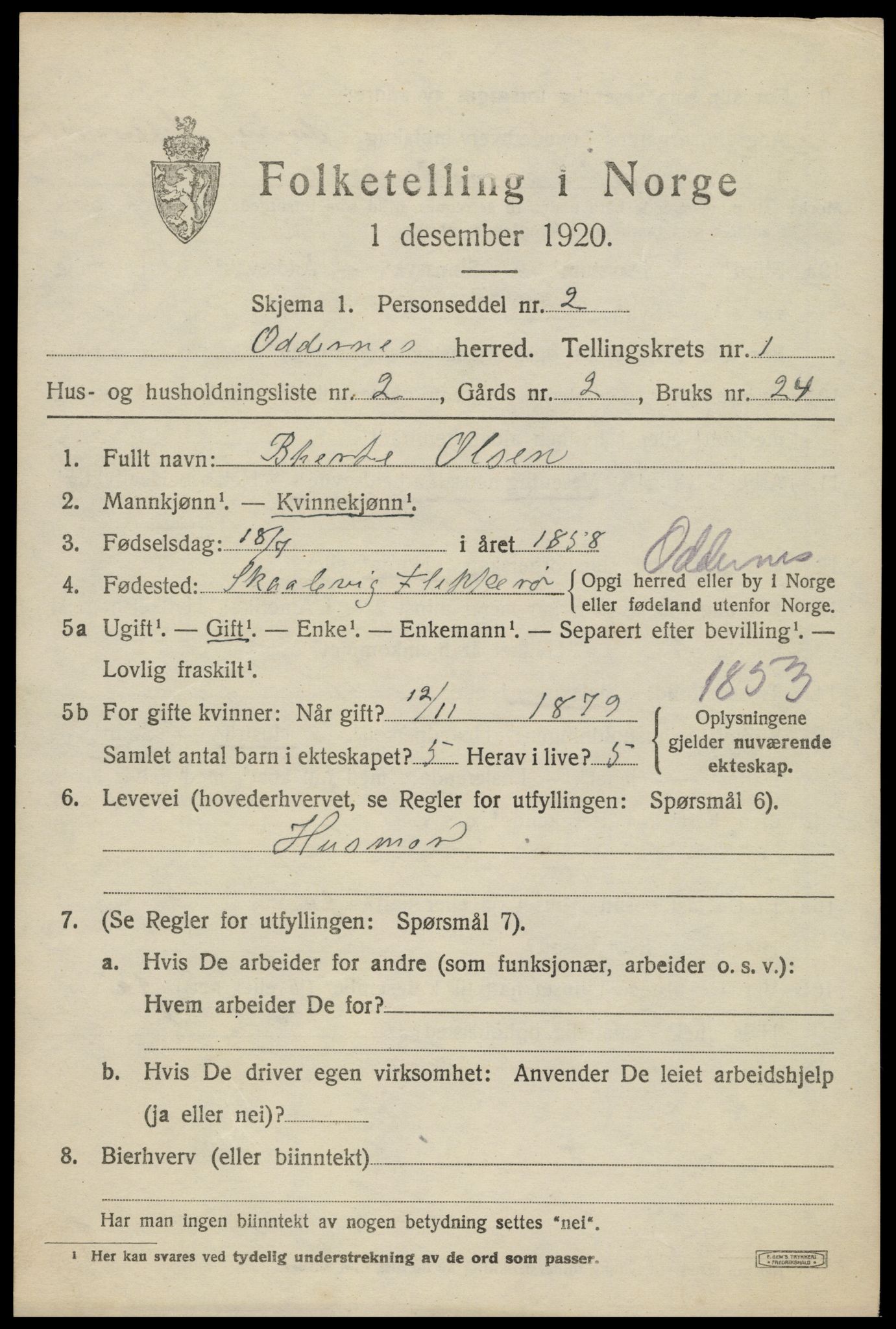 SAK, 1920 census for Oddernes, 1920, p. 2013