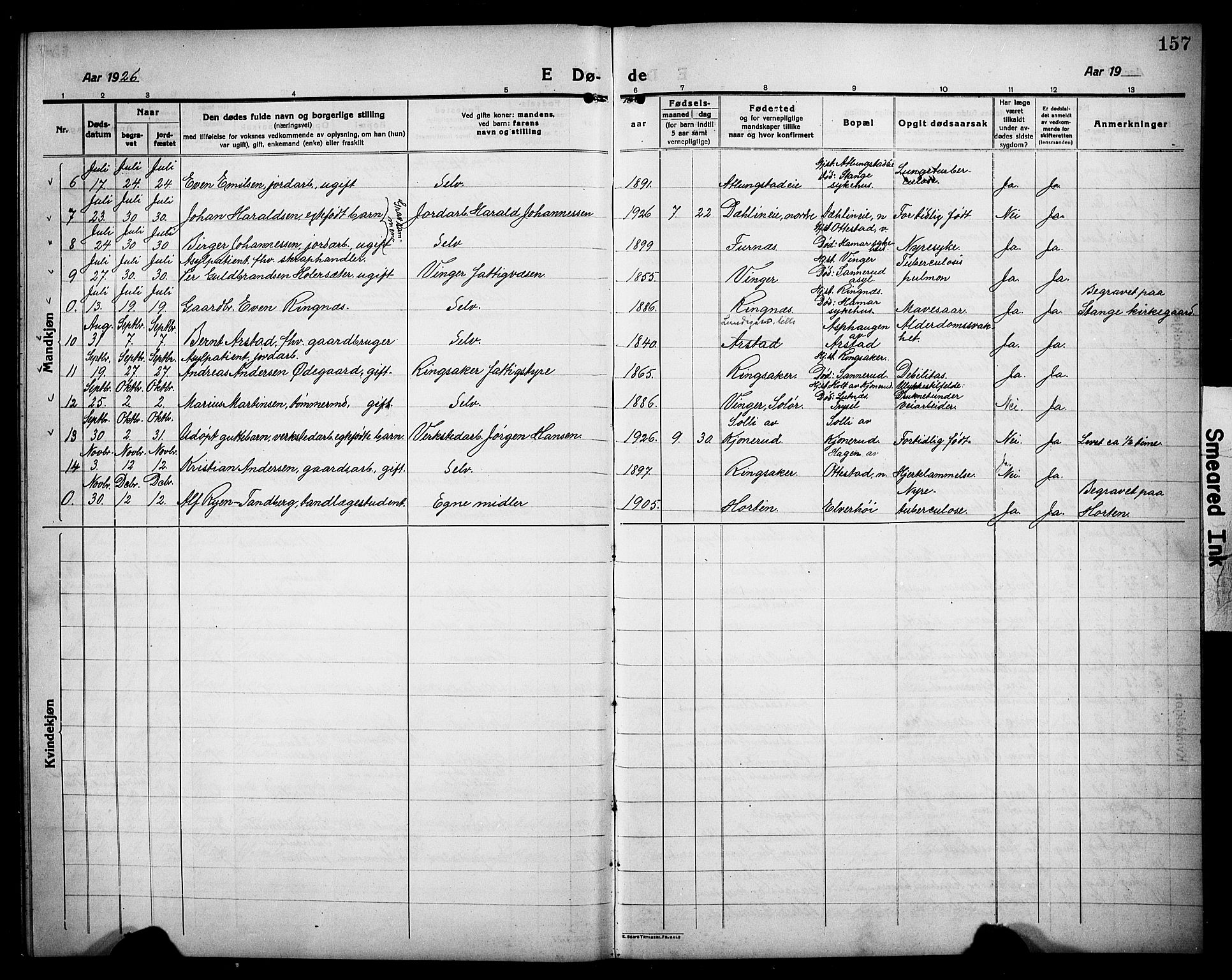 Stange prestekontor, SAH/PREST-002/L/L0015: Parish register (copy) no. 15, 1916-1928, p. 157