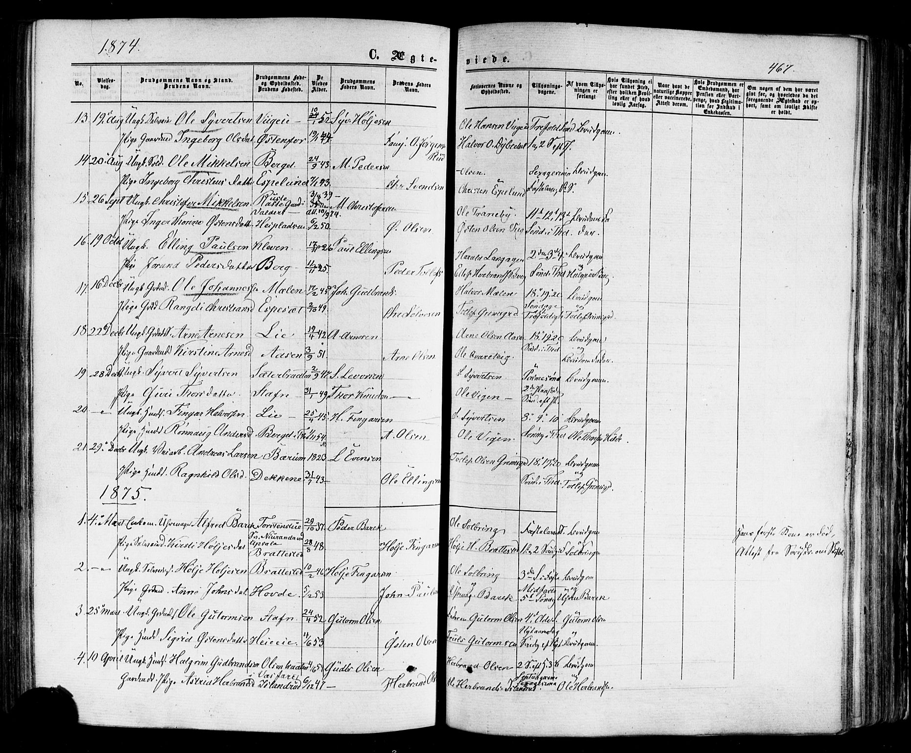 Nes kirkebøker, SAKO/A-236/F/Fa/L0010: Parish register (official) no. 10, 1864-1880, p. 467