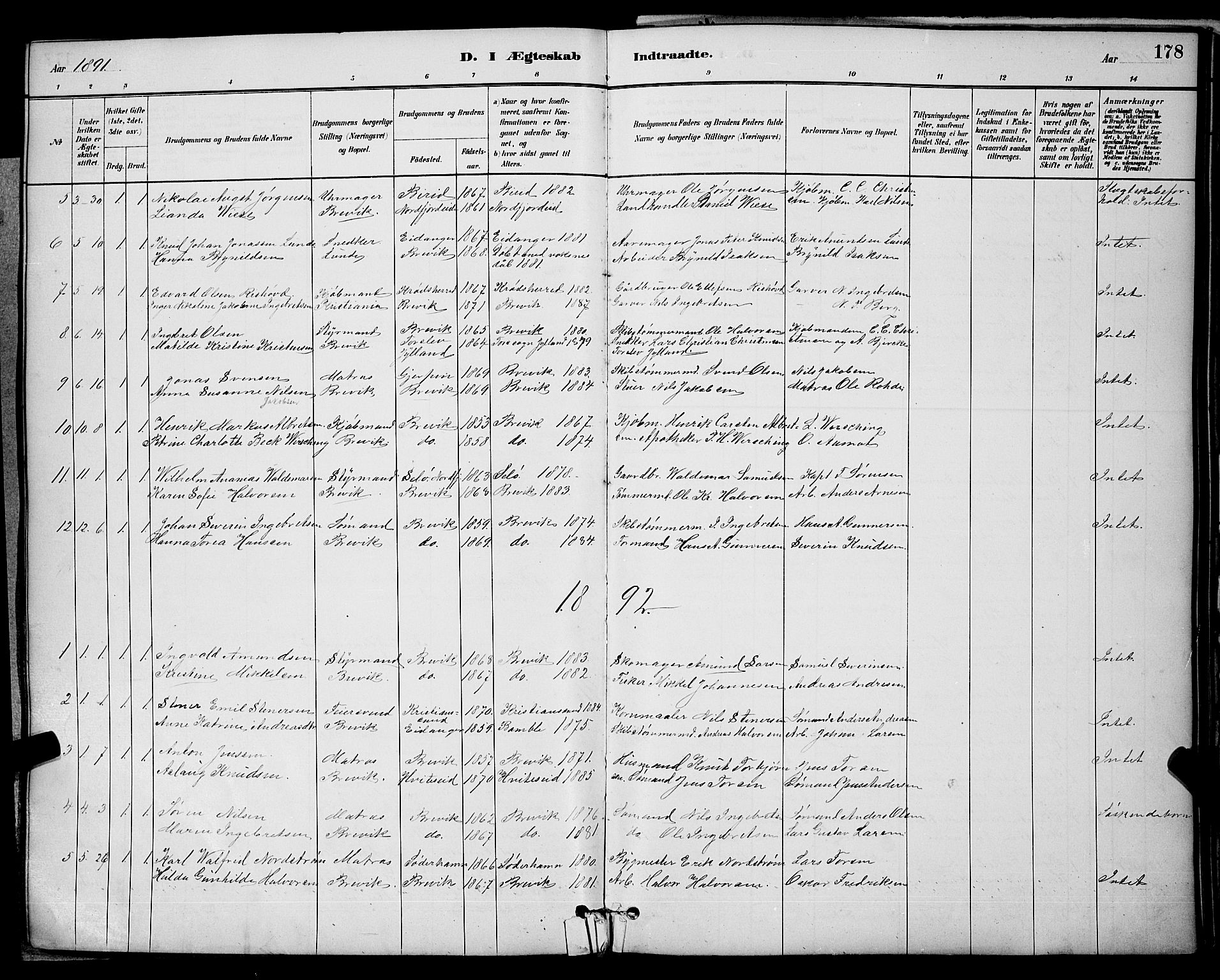Brevik kirkebøker, AV/SAKO-A-255/G/Ga/L0004: Parish register (copy) no. 4, 1882-1900, p. 178