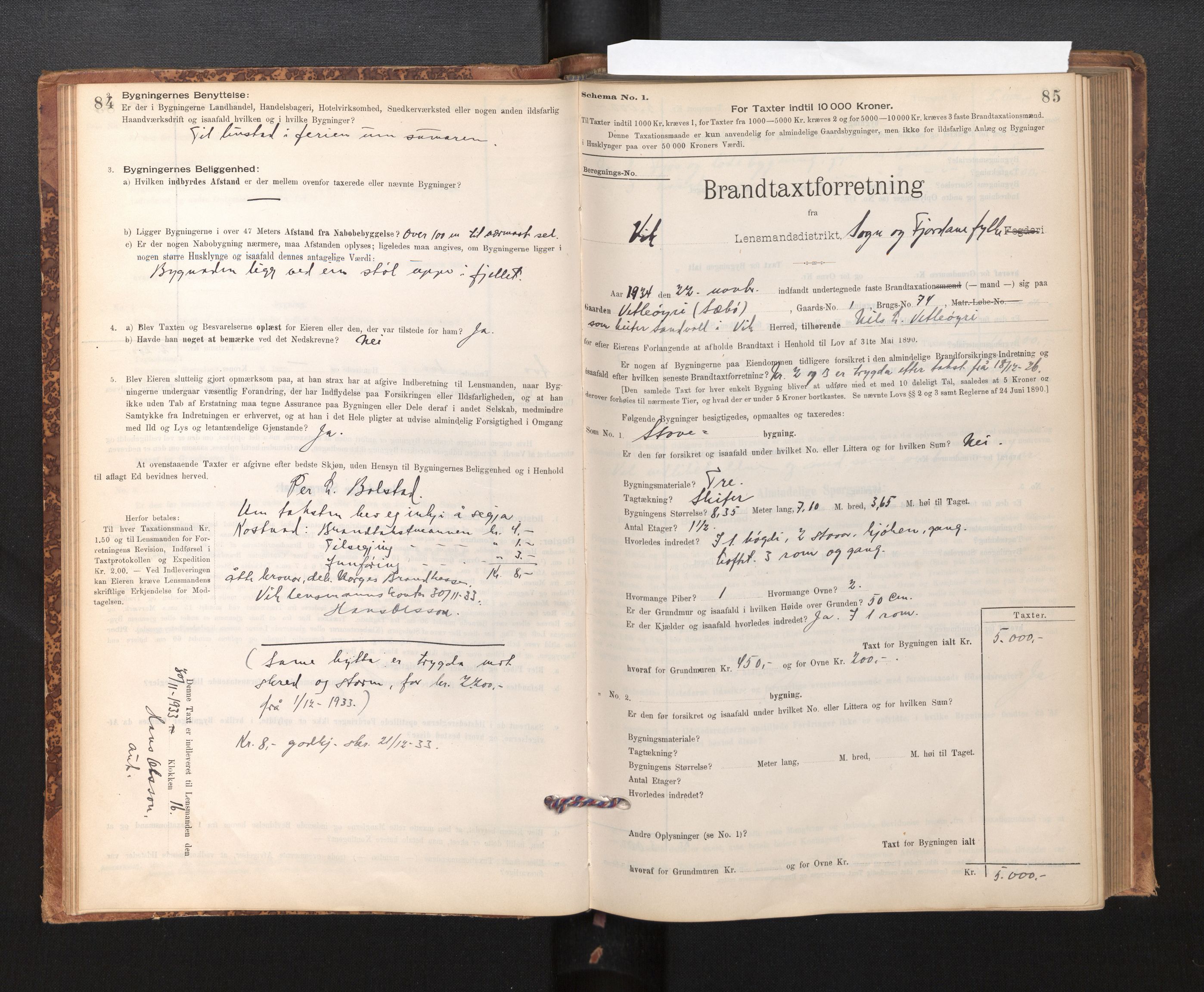 Lensmannen i Vik, SAB/A-30301/0012/L0006: Branntakstprotokoll, skjematakst, 1896-1949, p. 84-85
