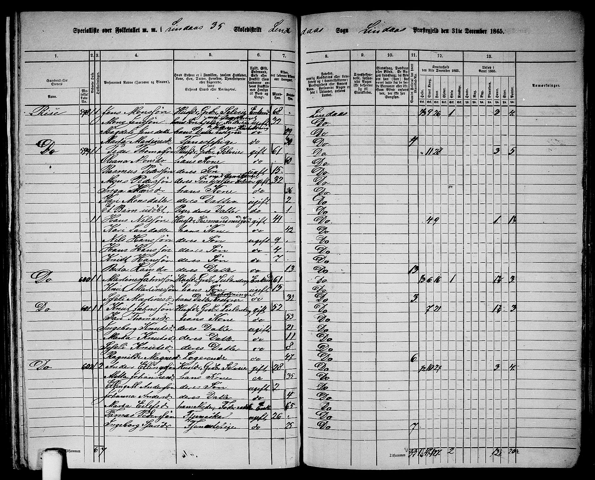 RA, 1865 census for Lindås, 1865, p. 225