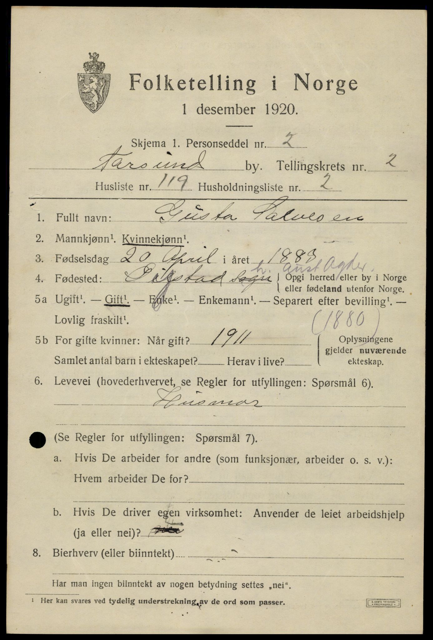 SAK, 1920 census for Farsund, 1920, p. 4151