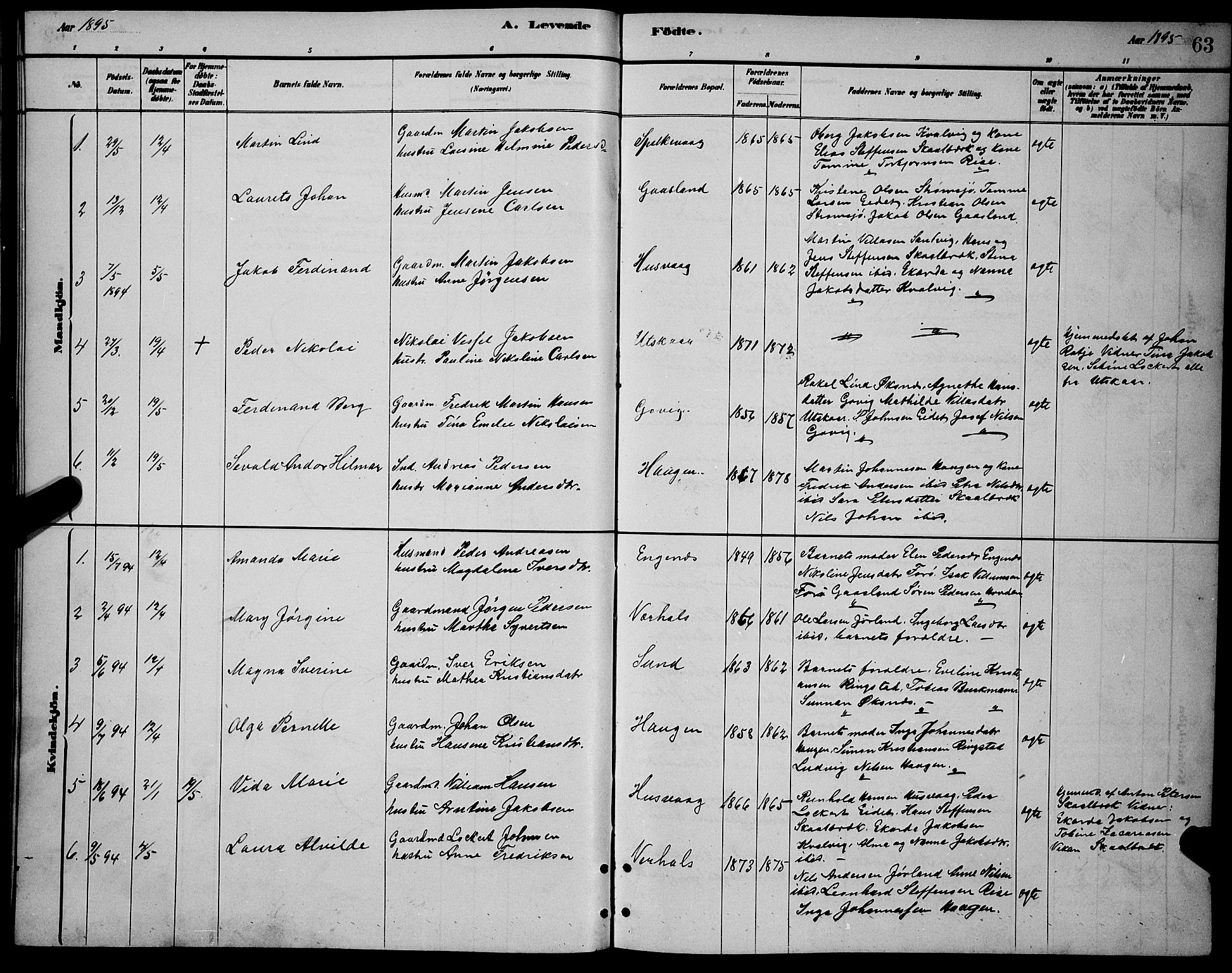 Ministerialprotokoller, klokkerbøker og fødselsregistre - Nordland, AV/SAT-A-1459/892/L1325: Parish register (copy) no. 892C02, 1878-1896, p. 63