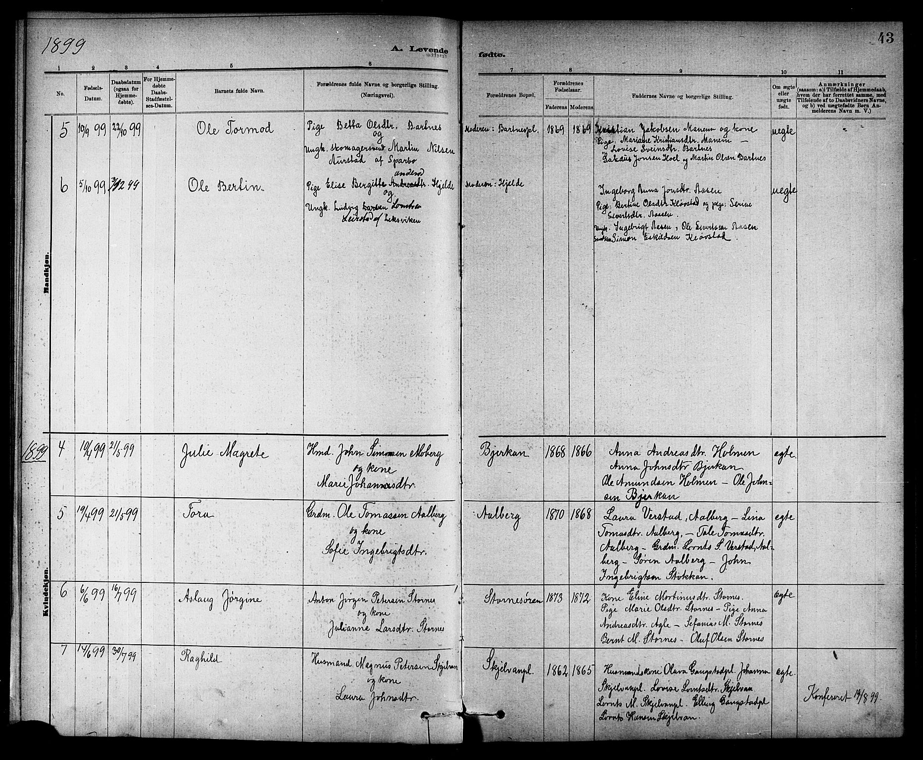 Ministerialprotokoller, klokkerbøker og fødselsregistre - Nord-Trøndelag, AV/SAT-A-1458/732/L0318: Parish register (copy) no. 732C02, 1881-1911, p. 43