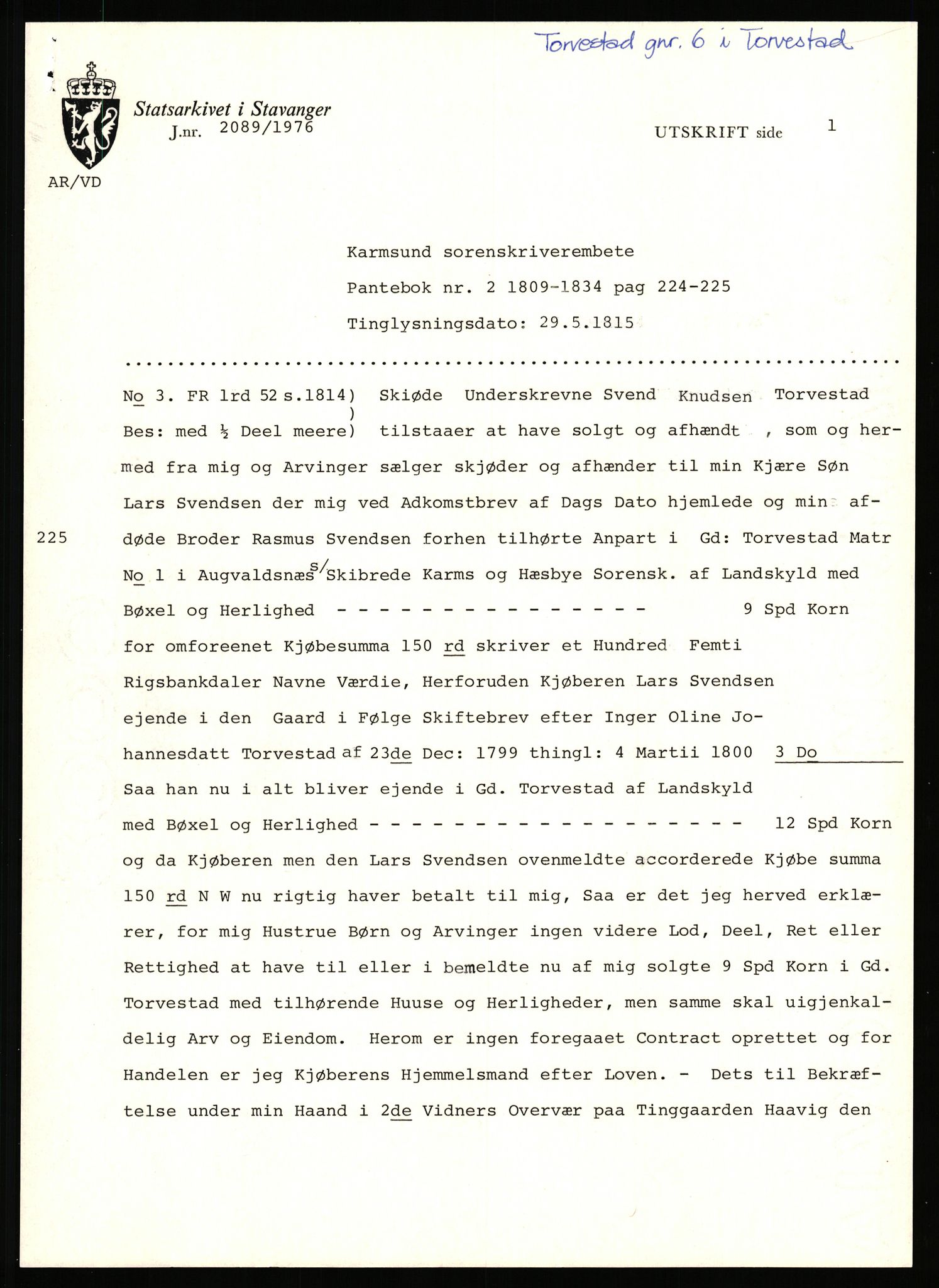 Statsarkivet i Stavanger, AV/SAST-A-101971/03/Y/Yj/L0088: Avskrifter sortert etter gårdsnavn: Todneim - Tuestad, 1750-1930, p. 293