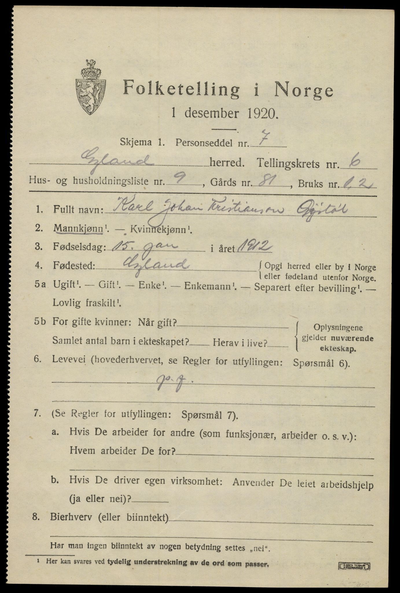 SAK, 1920 census for Gyland, 1920, p. 1436