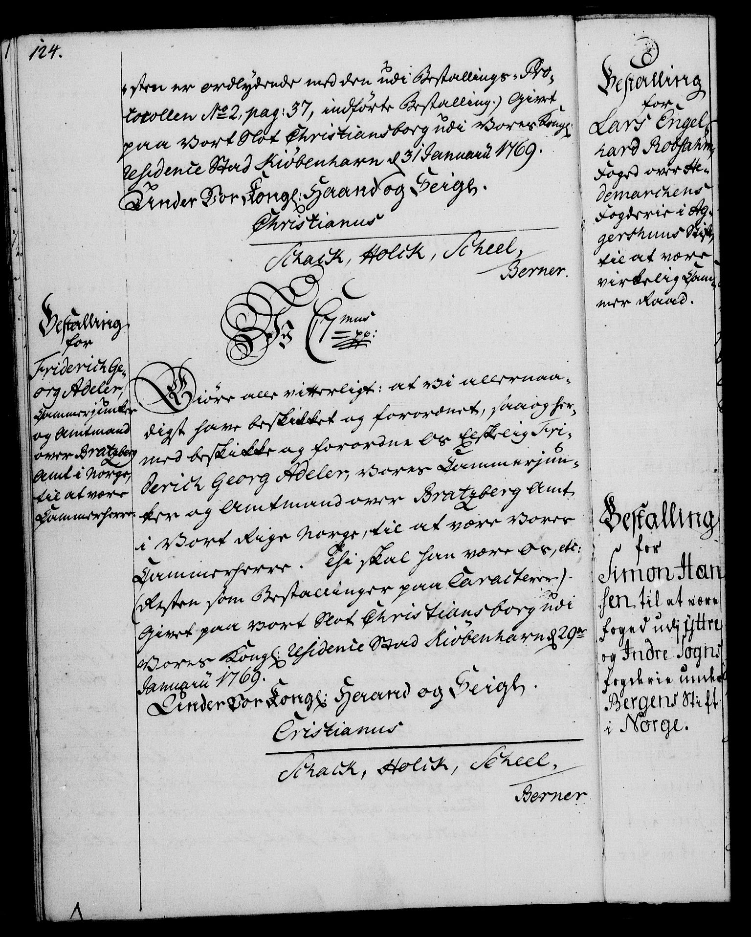 Rentekammeret, Kammerkanselliet, RA/EA-3111/G/Gg/Gge/L0004: Norsk bestallingsprotokoll med register (merket RK 53.28), 1762-1771, p. 124