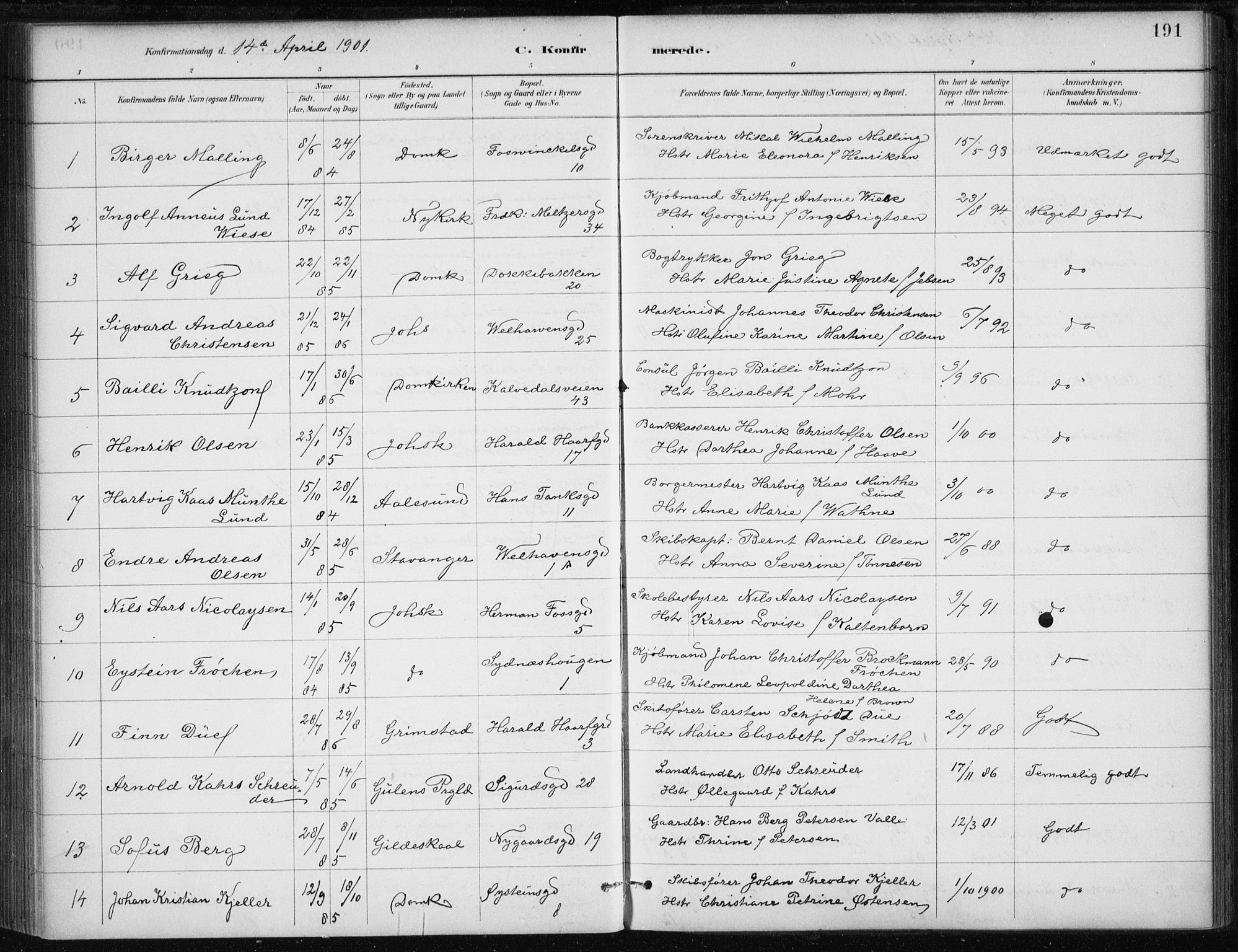 Johanneskirken sokneprestembete, SAB/A-76001/H/Haa/L0008: Parish register (official) no. C 1, 1885-1907, p. 191