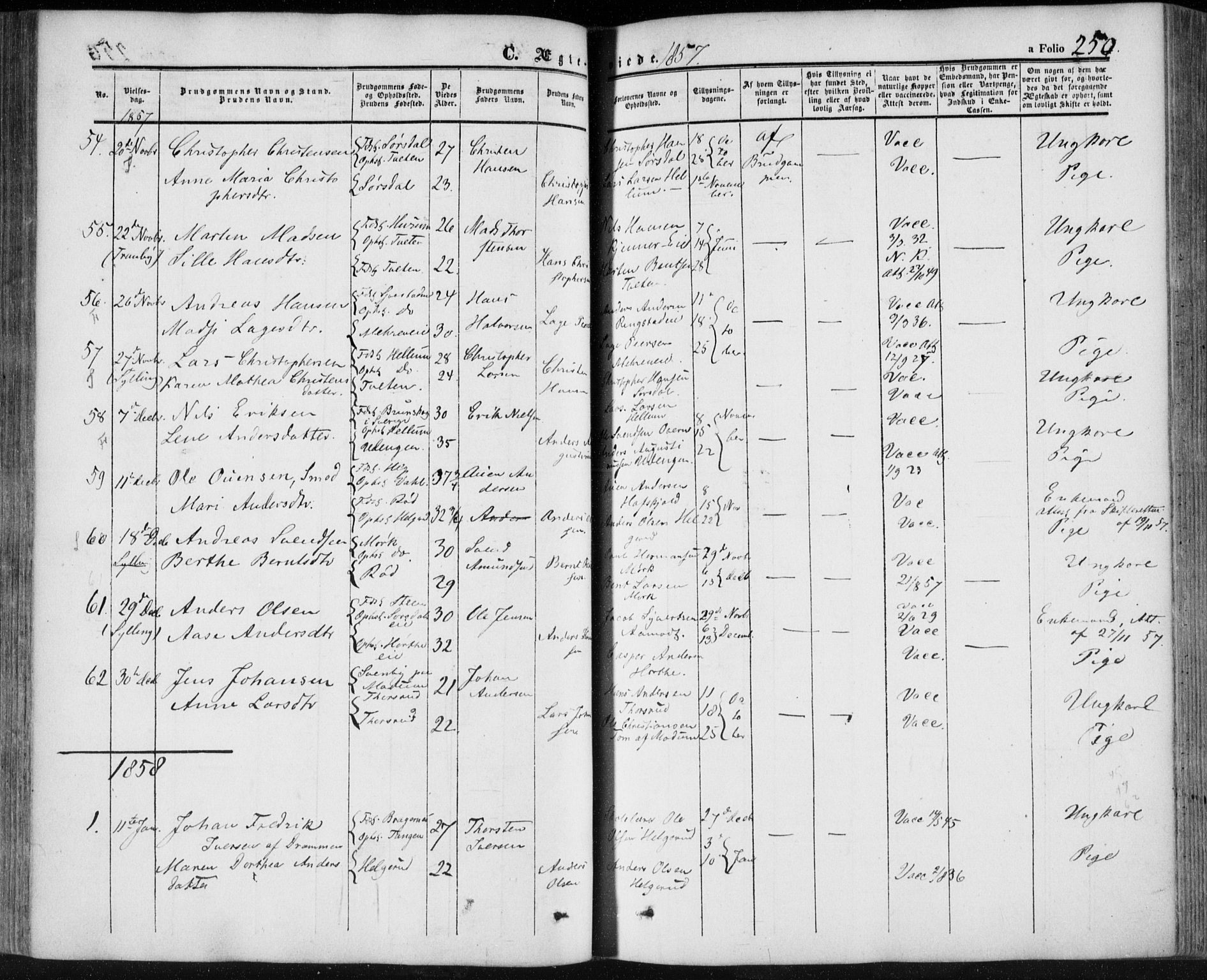 Lier kirkebøker, AV/SAKO-A-230/F/Fa/L0012: Parish register (official) no. I 12, 1854-1864, p. 250