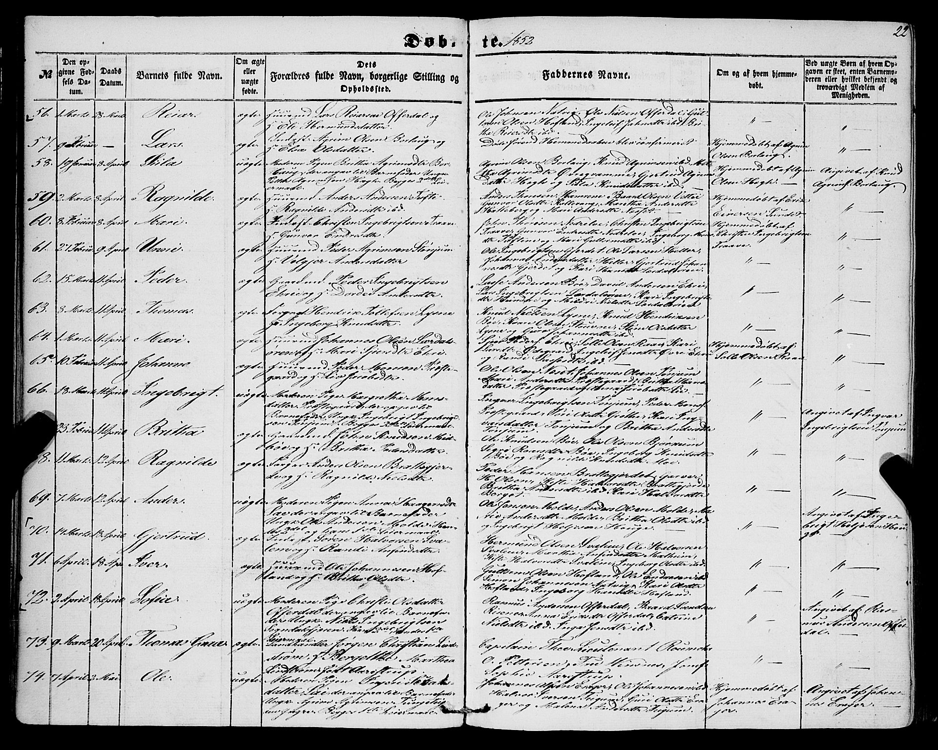 Lærdal sokneprestembete, AV/SAB-A-81201: Parish register (official) no. A 11, 1850-1866, p. 22