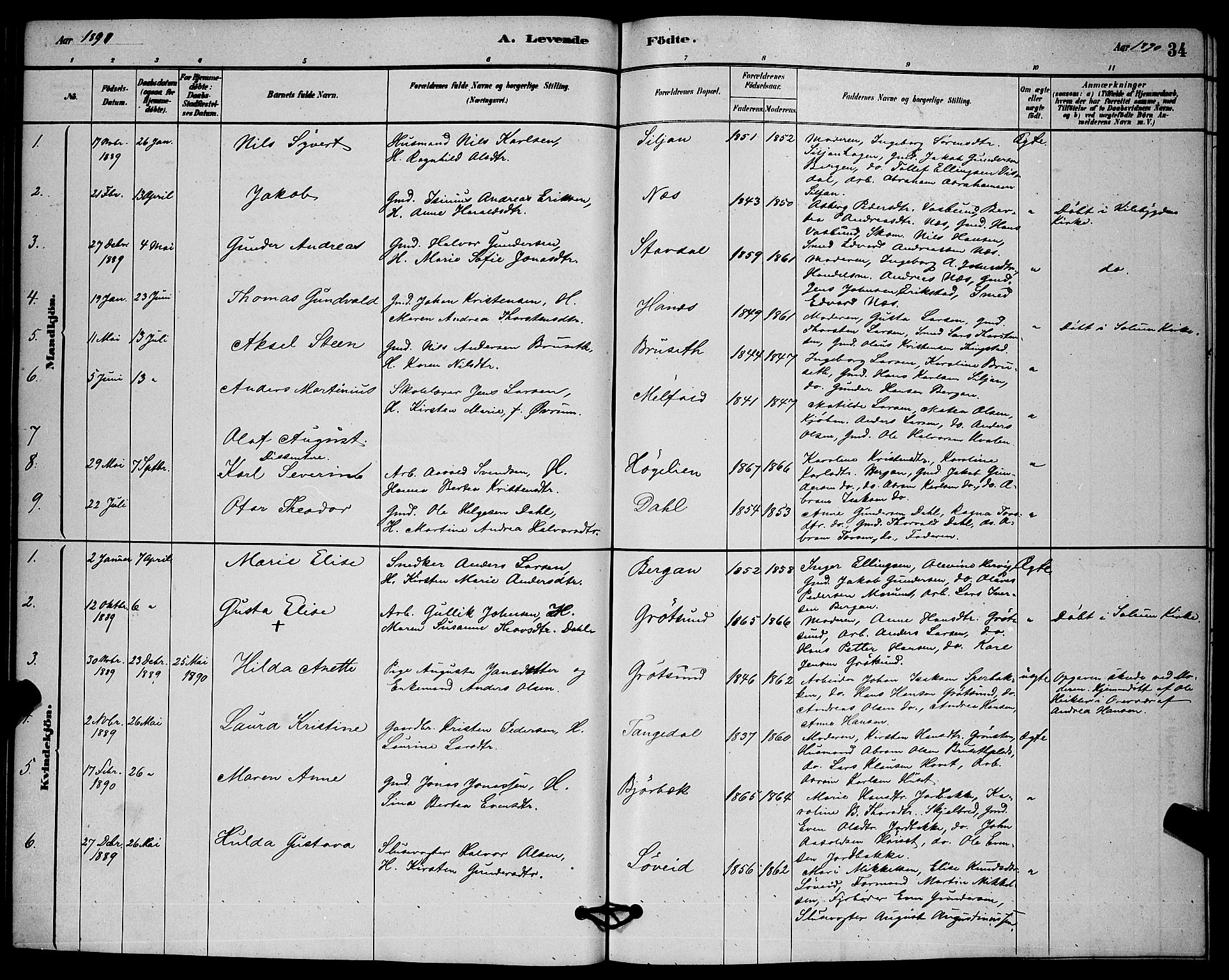 Solum kirkebøker, SAKO/A-306/G/Gb/L0003: Parish register (copy) no. II 3, 1880-1898, p. 34