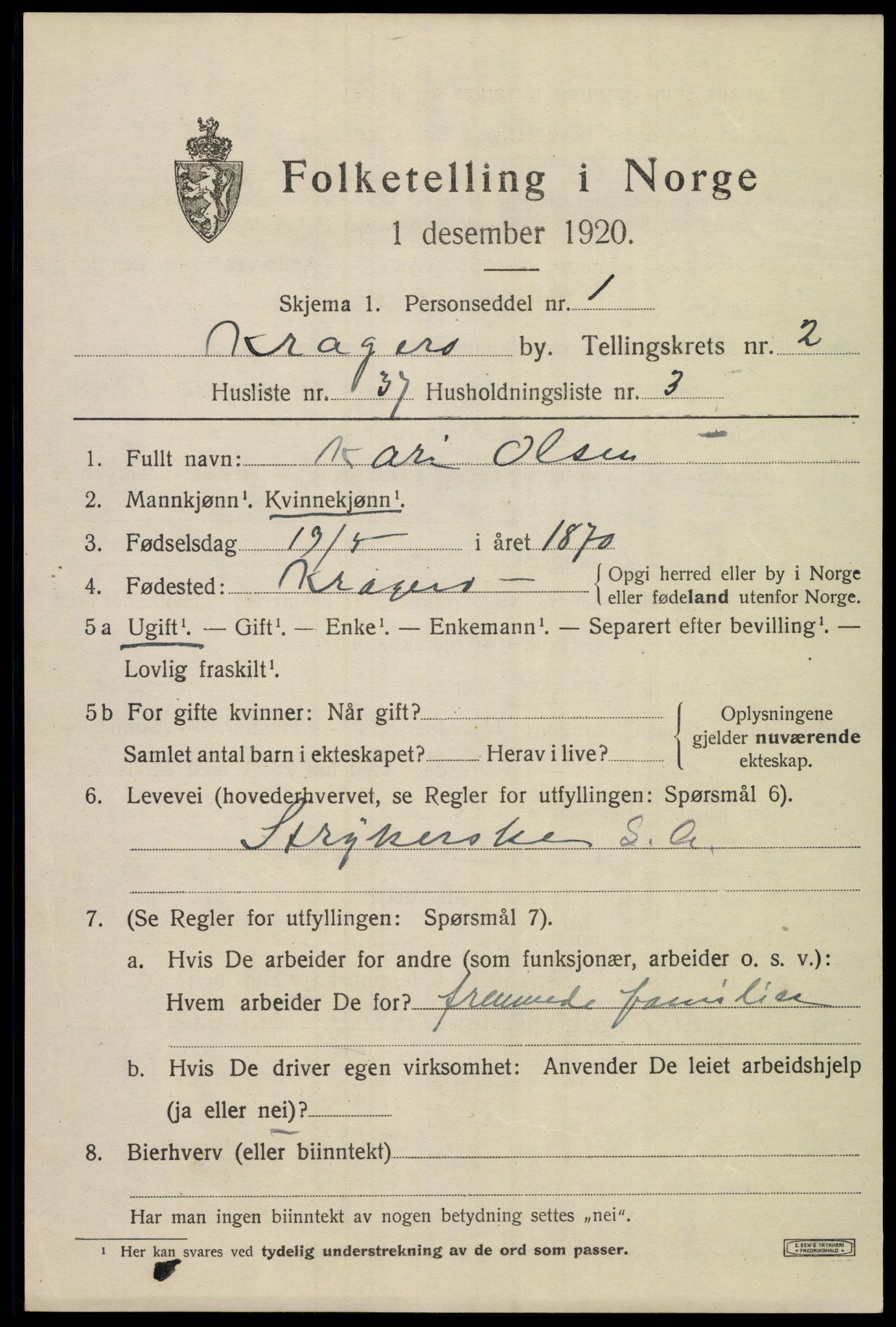 SAKO, 1920 census for Kragerø, 1920, p. 5803
