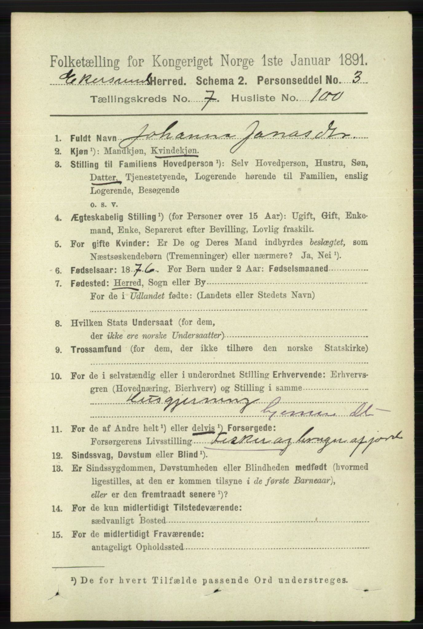 RA, 1891 census for 1116 Eigersund herred, 1891, p. 3405