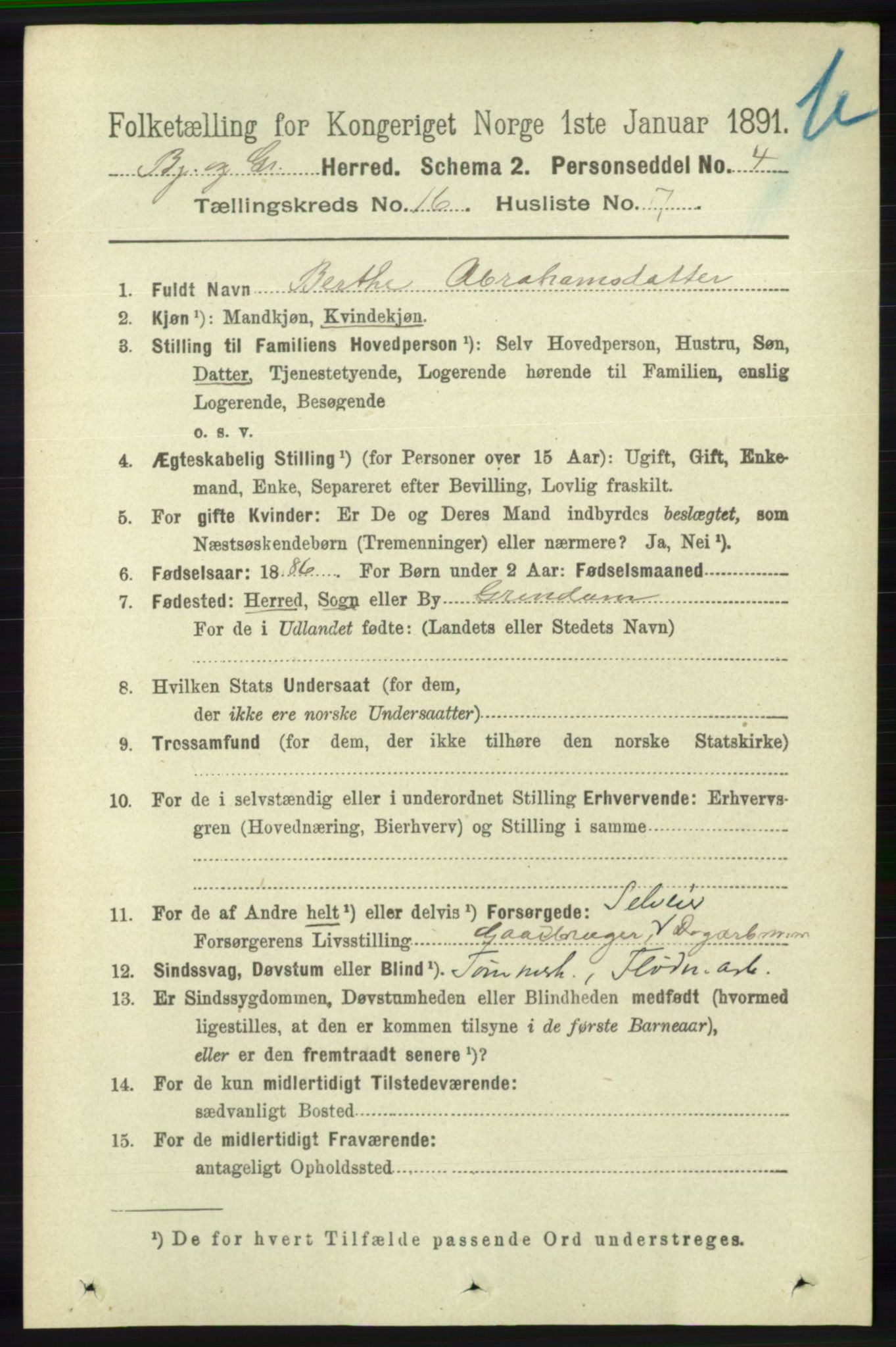 RA, 1891 census for 1024 Bjelland og Grindheim, 1891, p. 806