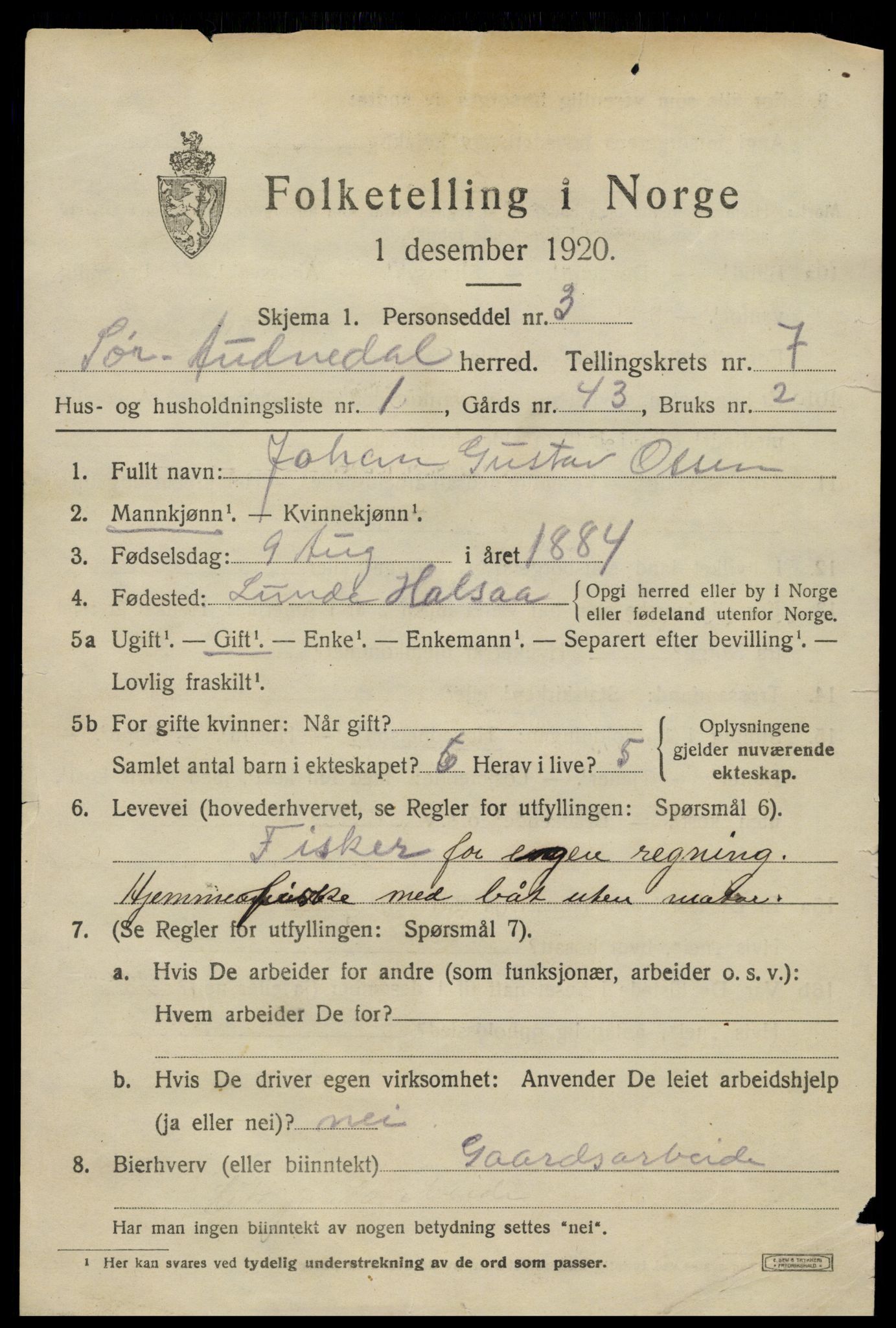 SAK, 1920 census for Sør-Audnedal, 1920, p. 2995