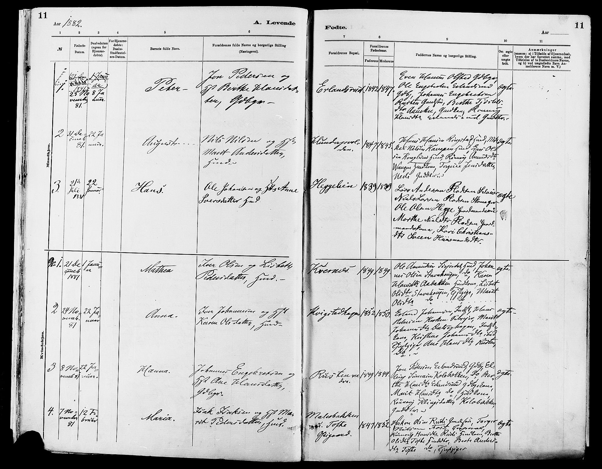 Sør-Fron prestekontor, SAH/PREST-010/H/Ha/Haa/L0003: Parish register (official) no. 3, 1881-1897, p. 11