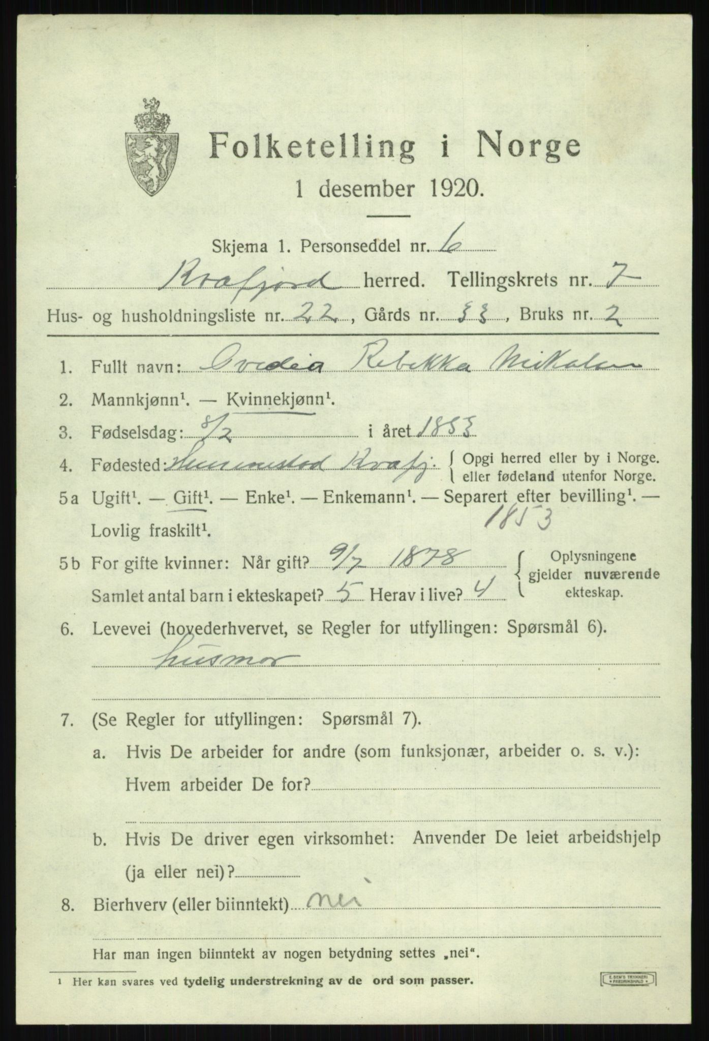 SATØ, 1920 census for Kvæfjord, 1920, p. 3707