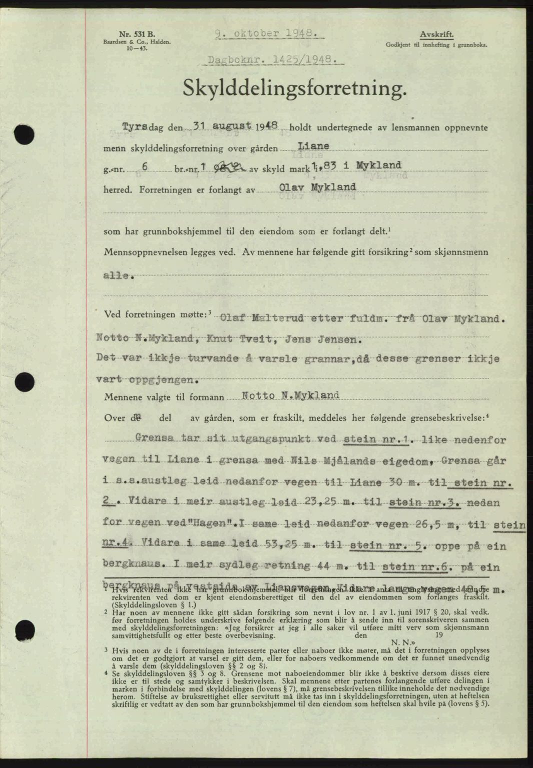 Nedenes sorenskriveri, AV/SAK-1221-0006/G/Gb/Gba/L0059: Mortgage book no. A11, 1948-1948, Diary no: : 1425/1948