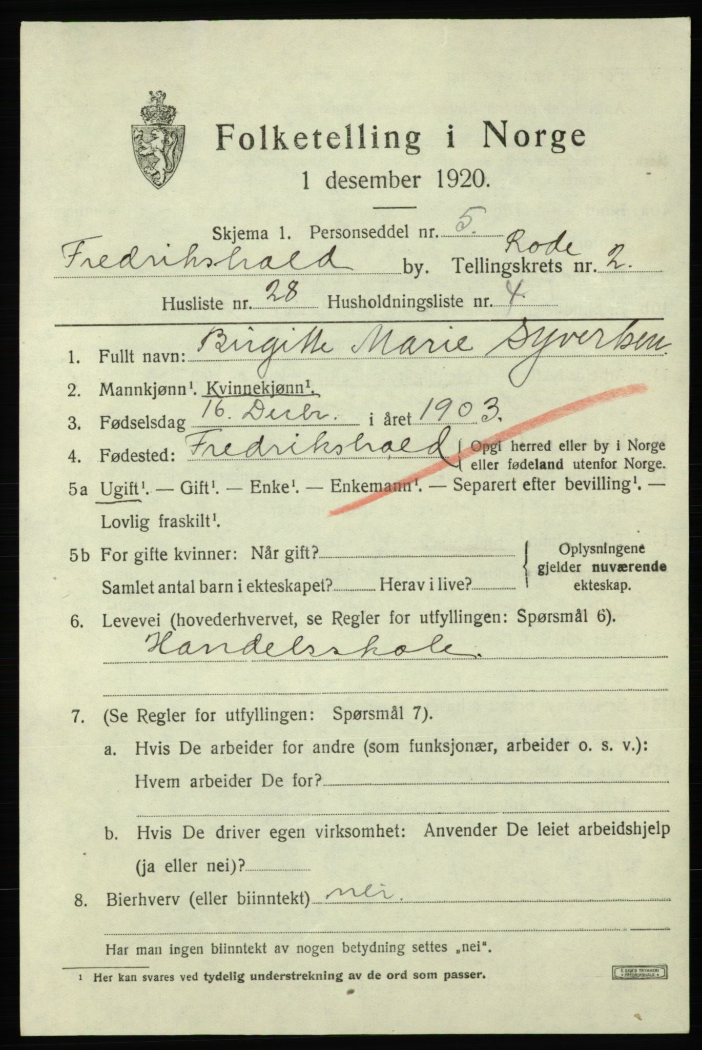 SAO, 1920 census for Fredrikshald, 1920, p. 9938