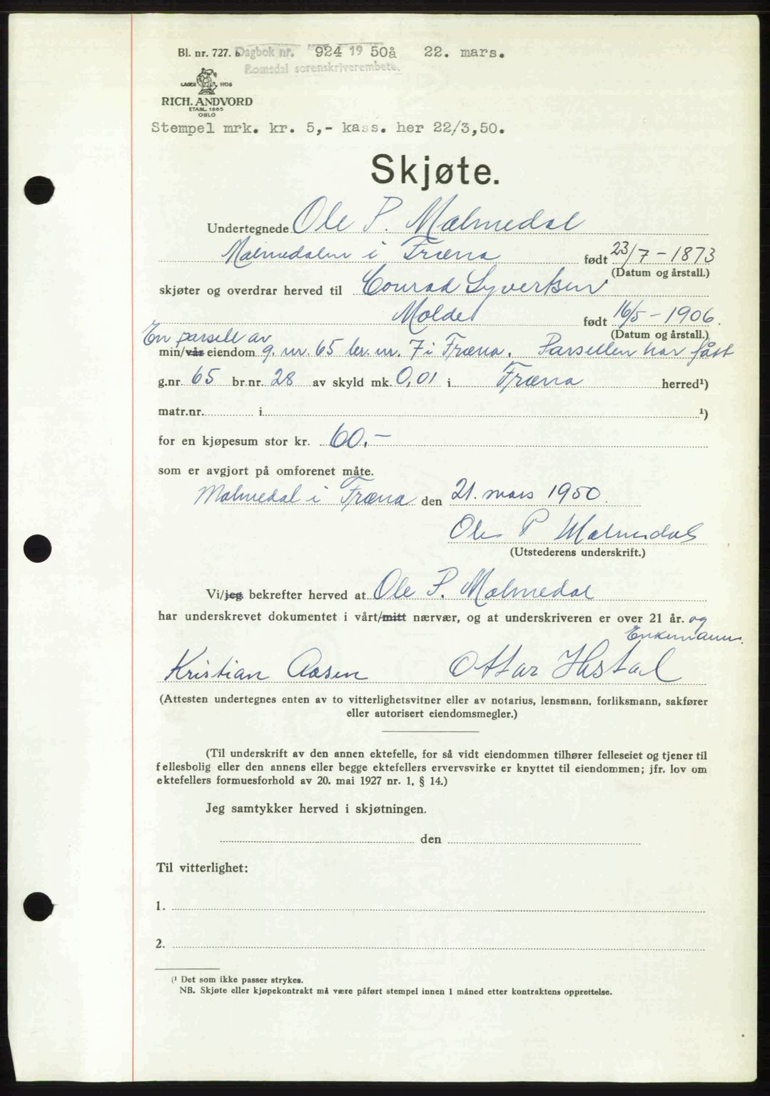 Romsdal sorenskriveri, AV/SAT-A-4149/1/2/2C: Mortgage book no. A32, 1950-1950, Diary no: : 924/1950