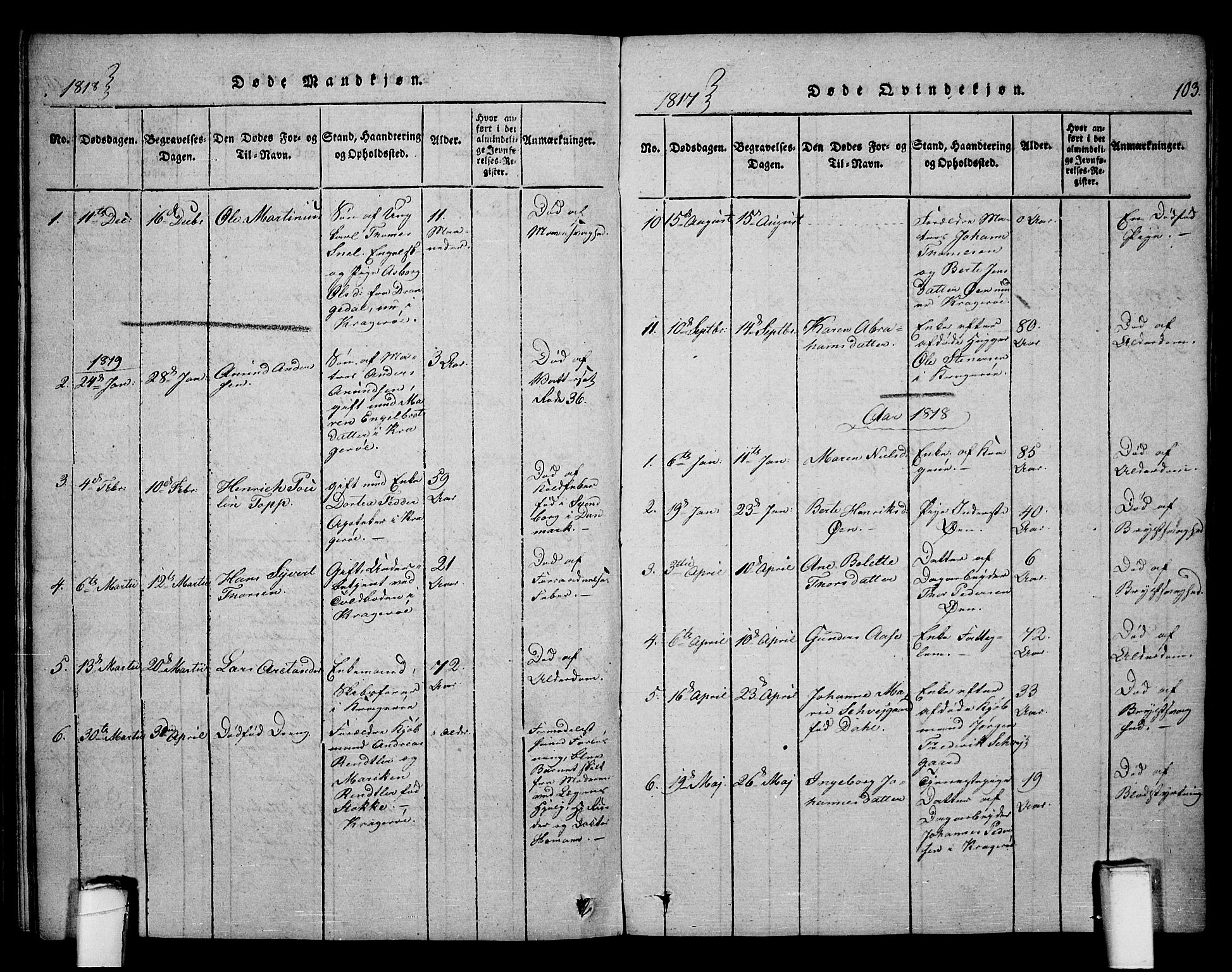 Kragerø kirkebøker, SAKO/A-278/F/Fa/L0004: Parish register (official) no. 4, 1814-1831, p. 103