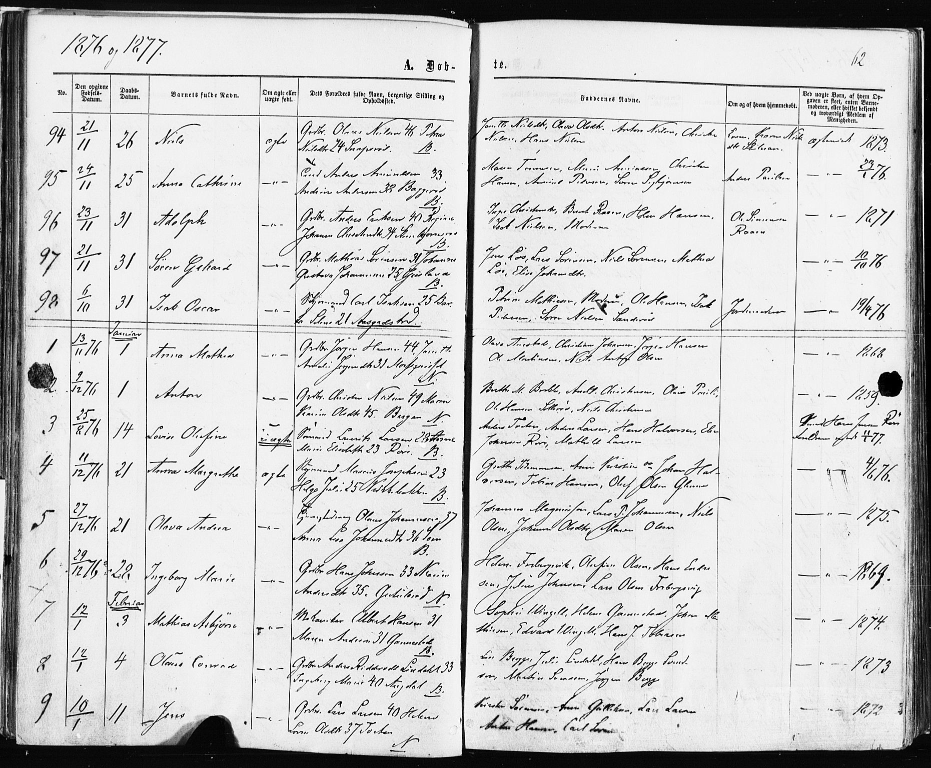 Borre kirkebøker, AV/SAKO-A-338/F/Fa/L0008: Parish register (official) no. I 8, 1868-1877, p. 62